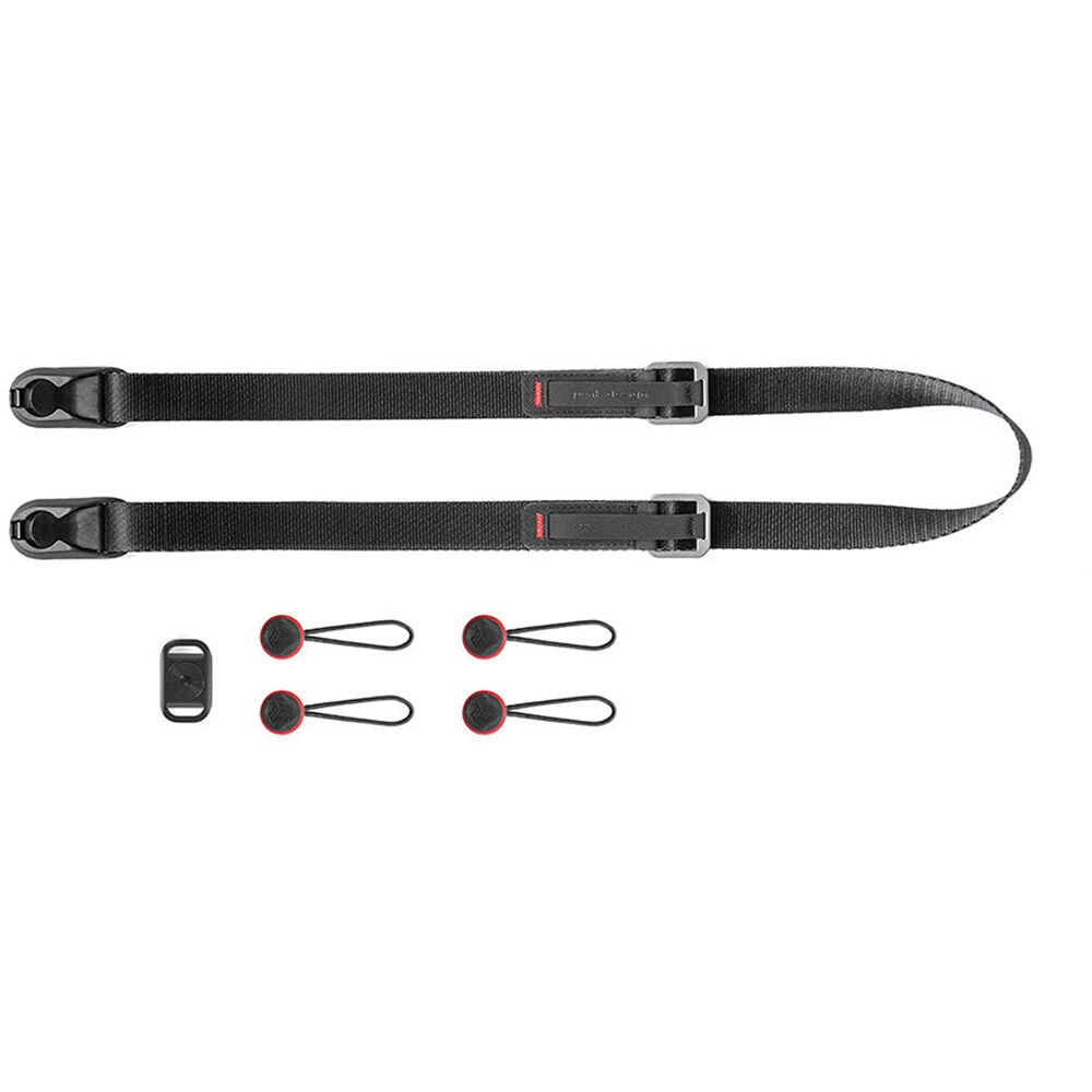 Peak Design Leash ultralight black camera strap, adjustable 83-145 cm, strong nylon webbing, quick-connect anchors rated for 90kg, versatile as sling, neck strap, safety tether, or video stabilizer.