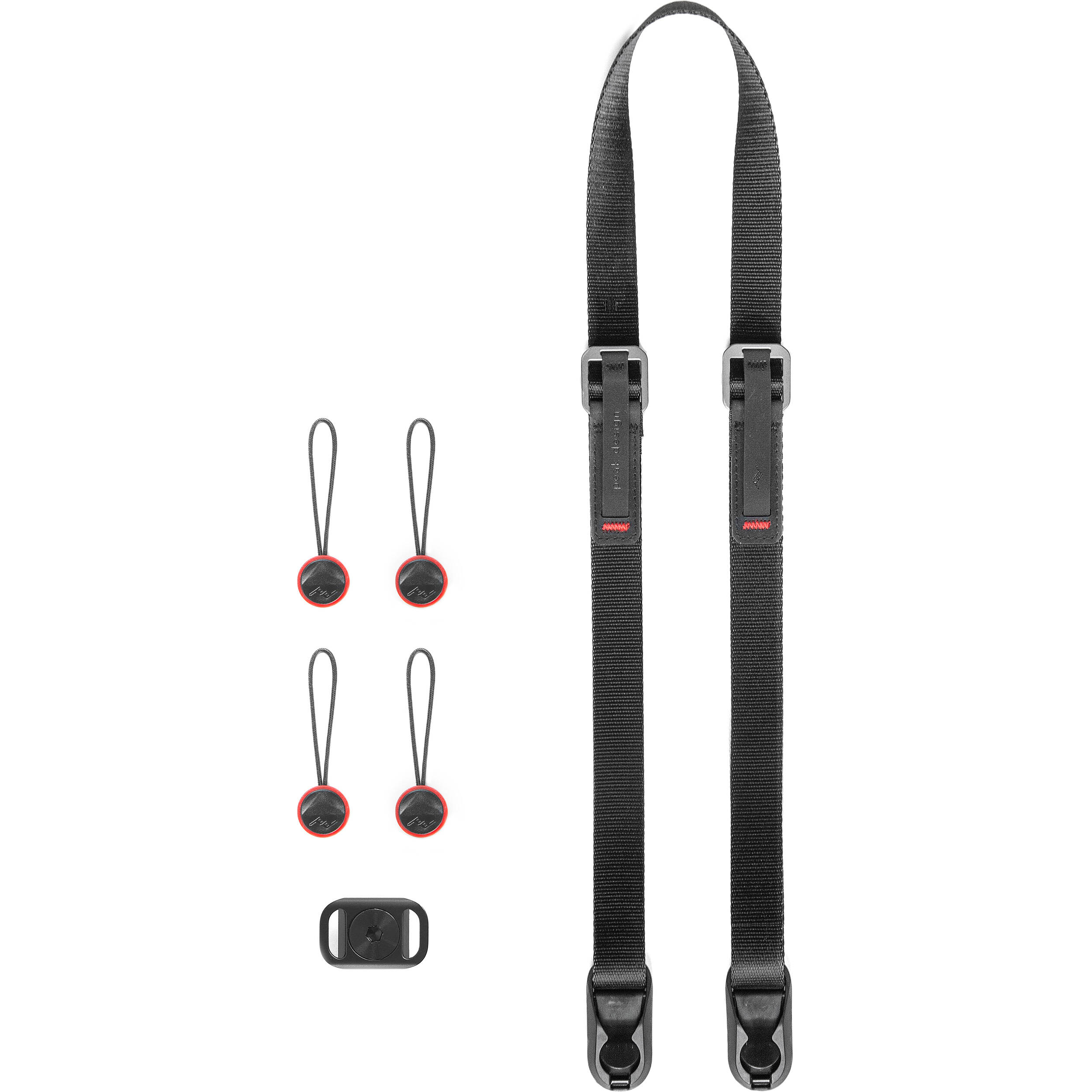 Peak Design Leash ultralight black camera strap, adjustable 83-145 cm, strong nylon webbing, quick-connect anchors rated for 90kg, versatile as sling, neck strap, safety tether, or video stabilizer.