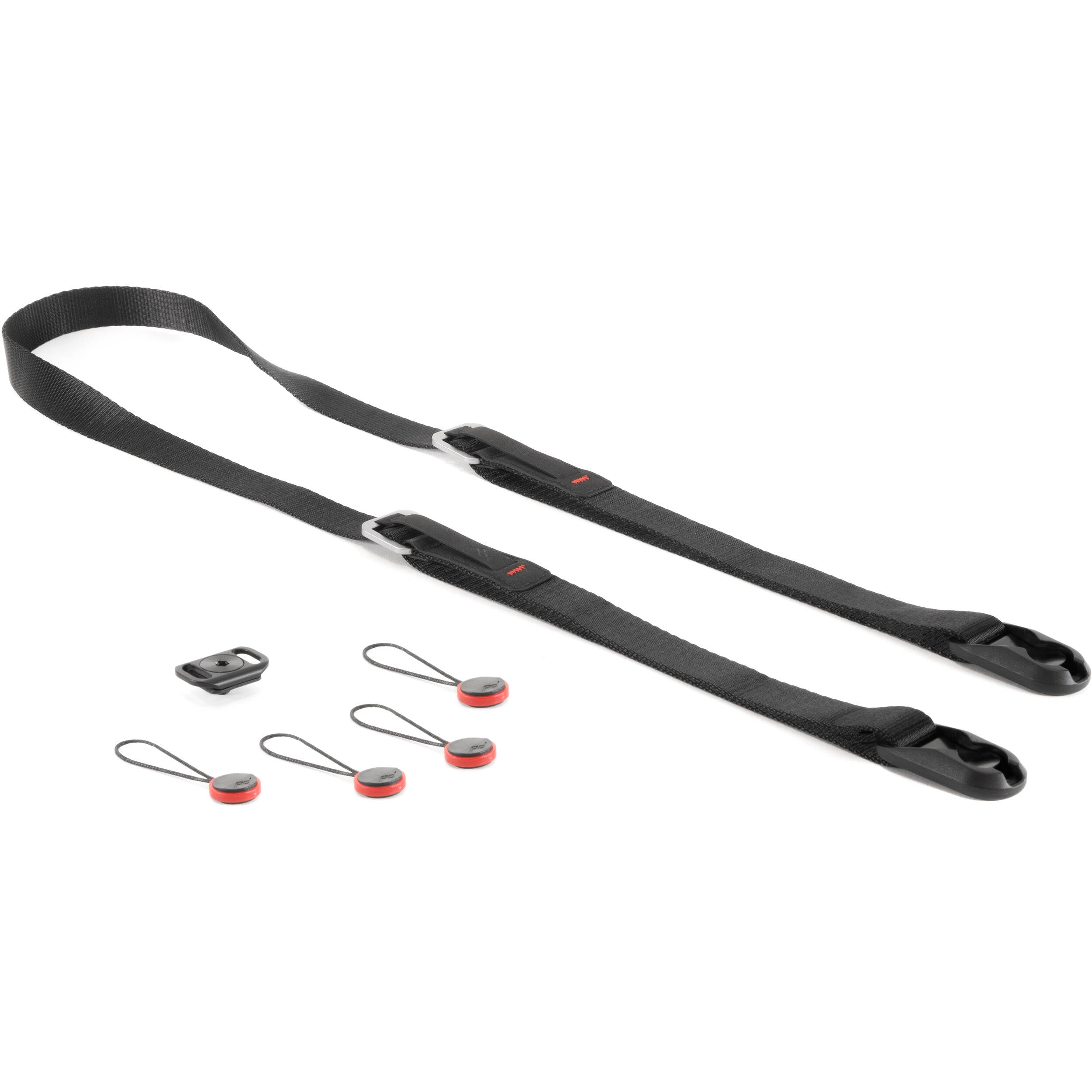 Peak Design Leash ultralight black camera strap, adjustable 83-145 cm, strong nylon webbing, quick-connect anchors rated for 90kg, versatile as sling, neck strap, safety tether, or video stabilizer.