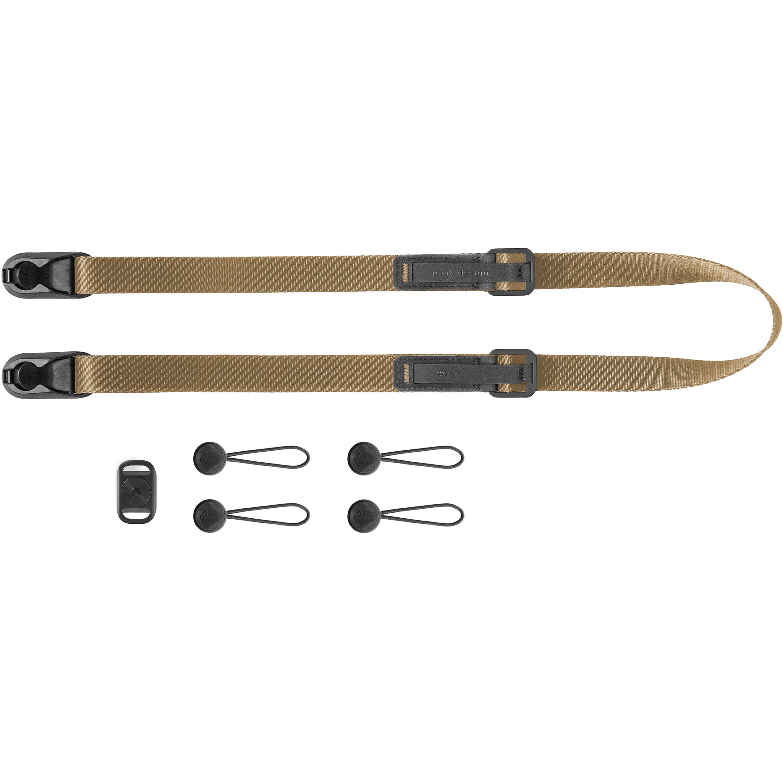 Peak Design Leash camera strap in Coyote color, adjustable length 83-145 cm, ultralight nylon webbing with leather accents, quick-release anchors rated for 90kg, versatile for sling, neck, shoulder, or cross-body use.