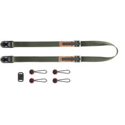 Peak Design Leash camera strap in Sage color, adjustable length from 83 to 145 cm, nylon webbing with Hypalon and leather accents, equipped with strong Dyneema-corded anchors supporting over 90 kg, versatile for sling, neck, or cross-body use.