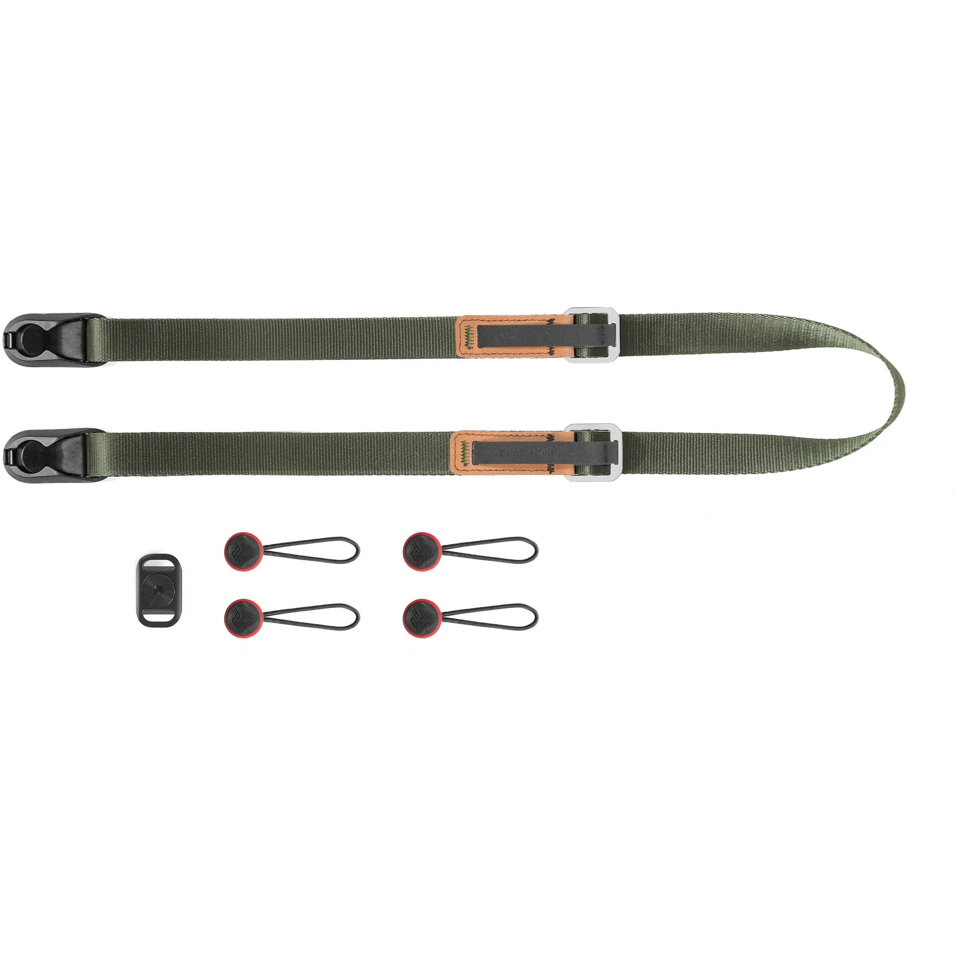 Peak Design Leash camera strap in Sage color, adjustable length from 83 to 145 cm, nylon webbing with Hypalon and leather accents, equipped with strong Dyneema-corded anchors supporting over 90 kg, versatile for sling, neck, or cross-body use.