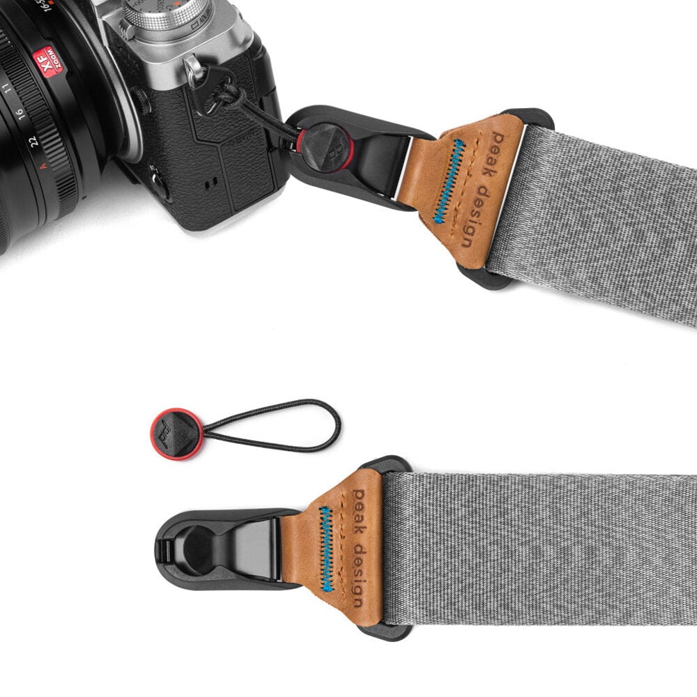 Peak Design Slide camera strap in Ash color, adjustable length 99-145 cm, 4.6 cm wide padded nylon webbing with smooth and grippy reversible sides, quick-connect Anchor Link system, supports up to 90 kg, usable as sling, neck, or shoulder strap.