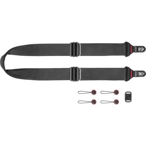 Peak Design Slide camera strap in black, versatile 3-in-1 sling, shoulder, or neck strap with quick-connect Anchor Link system, adjustable length 99-145 cm, padded 4.6 cm nylon webbing with smooth and grippy reversible sides, supports up to 90 kg.