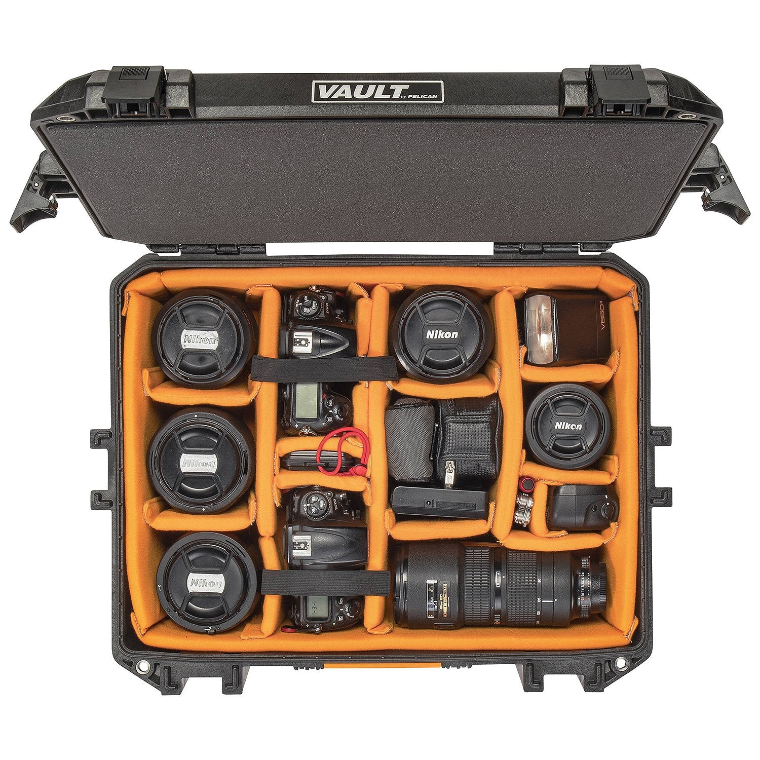 Pelican Vault 550 Case with padded dividers and gear.