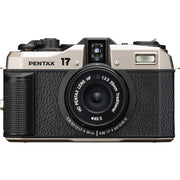 Pentax camera with black and silver design on a white background