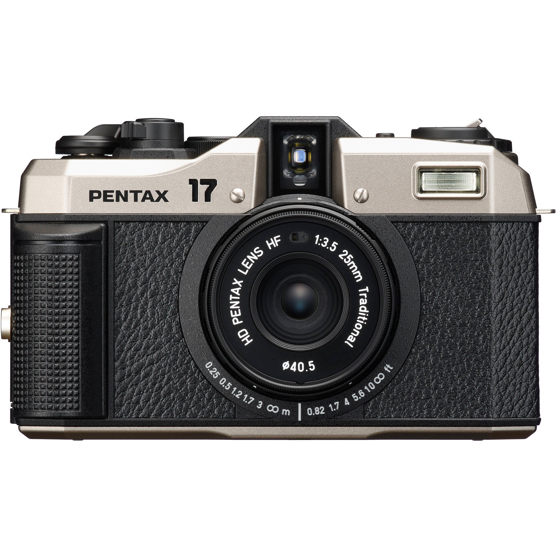 Pentax camera with black and silver design on a white background