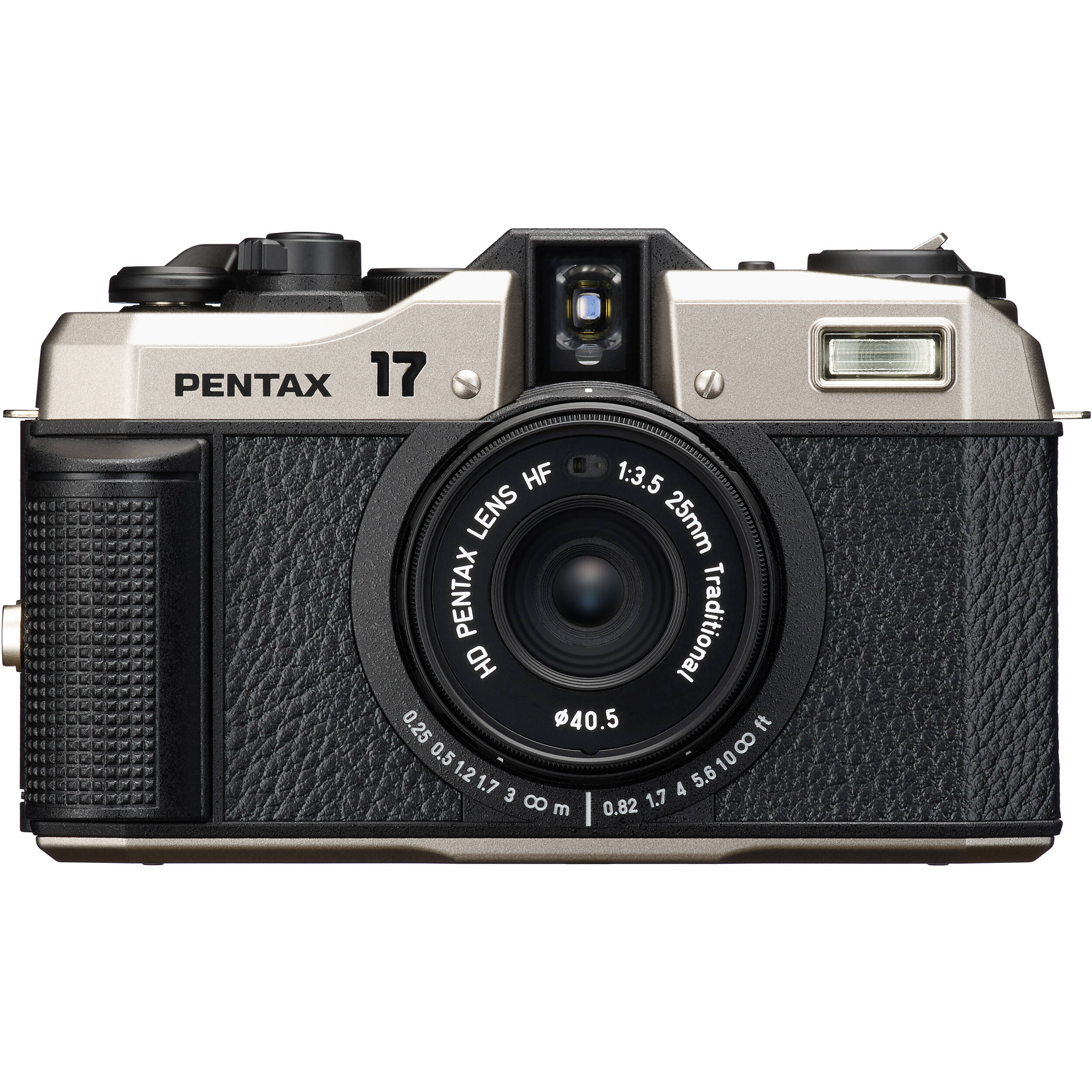 Pentax camera with black and silver design on a white background