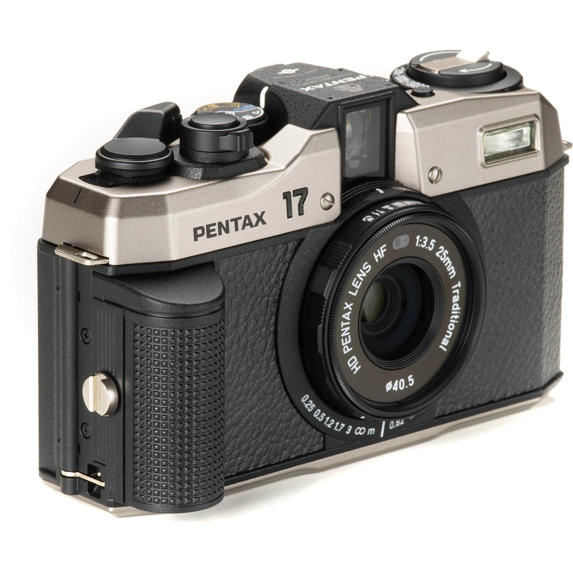 Pentax camera with a black and silver design on a white background
