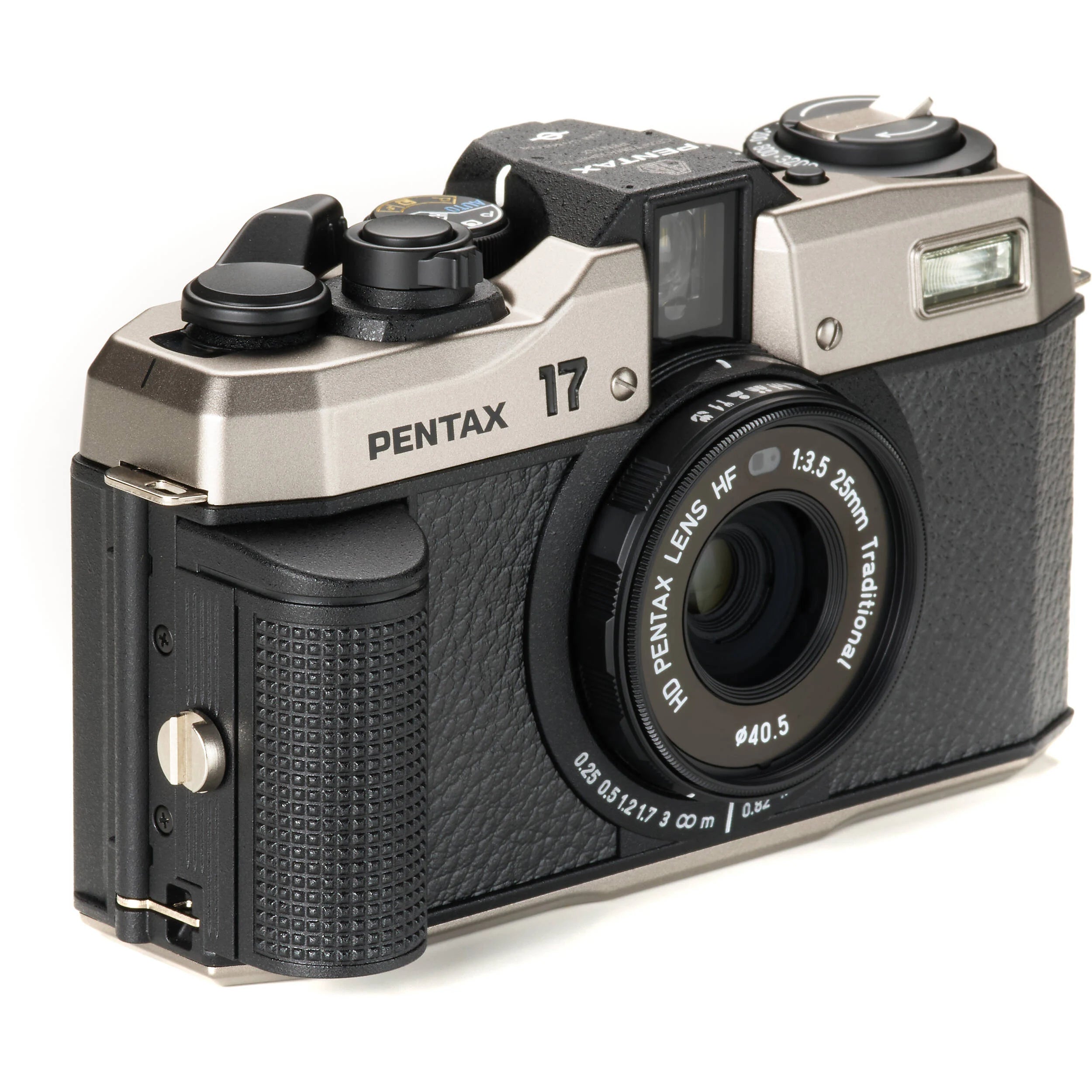 Pentax camera with a black and silver design on a white background