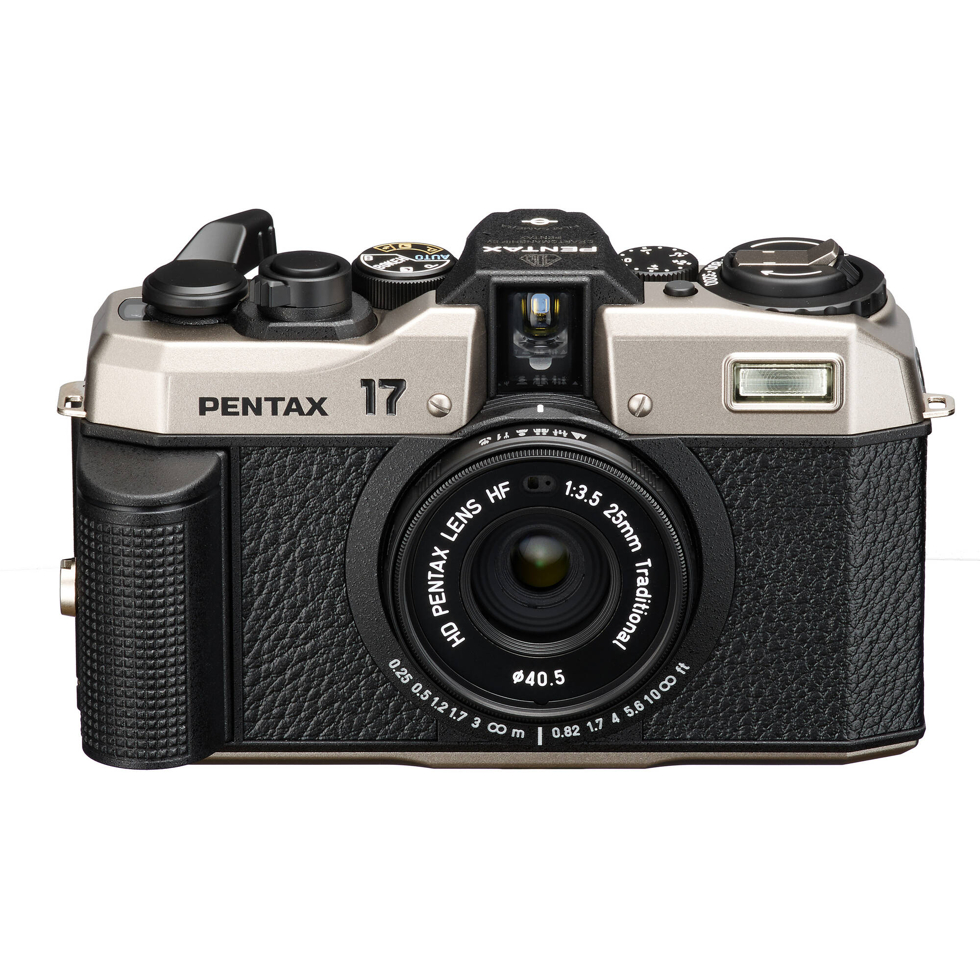 Pentax camera with black and silver design on a white background