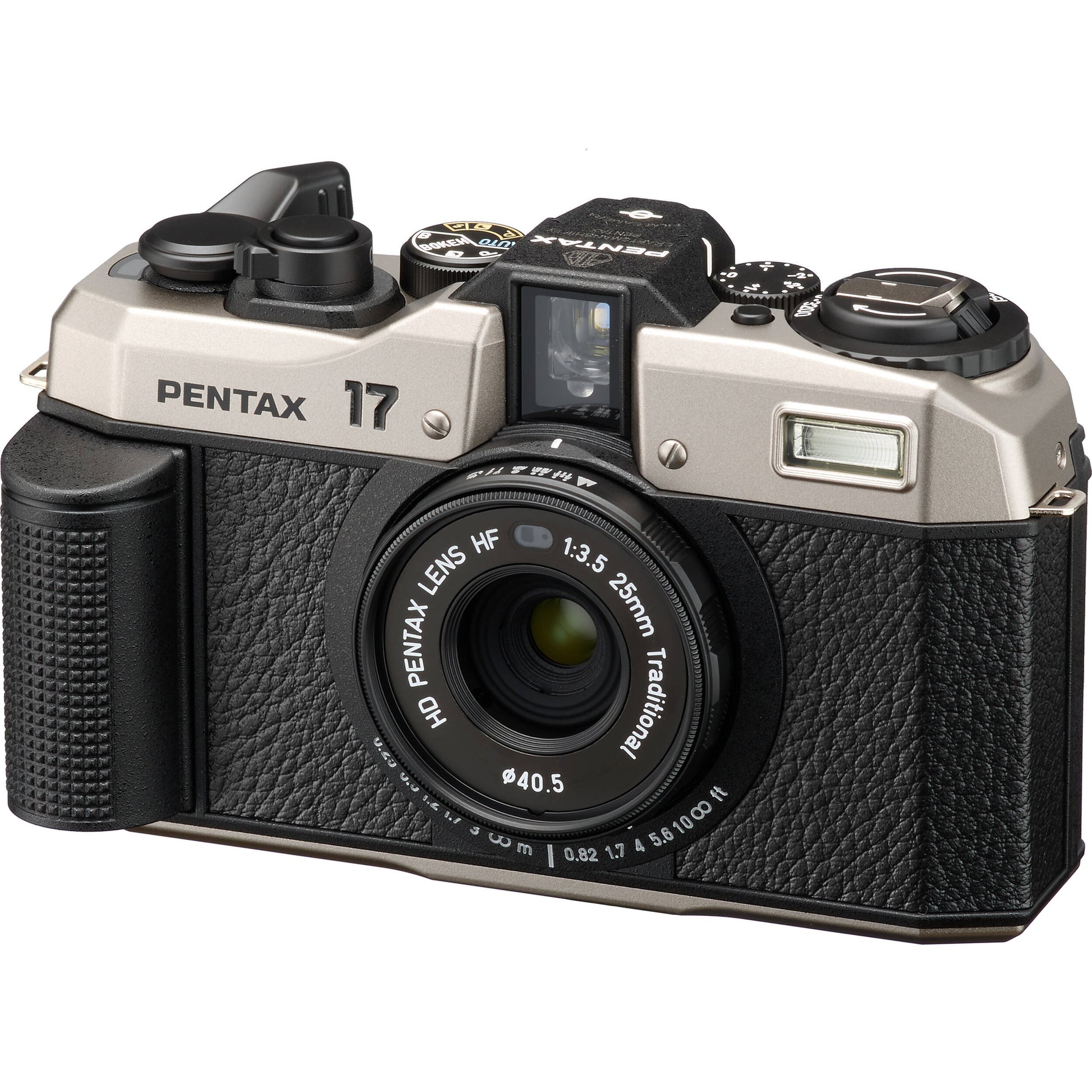 Pentax camera with black and silver design on a white background
