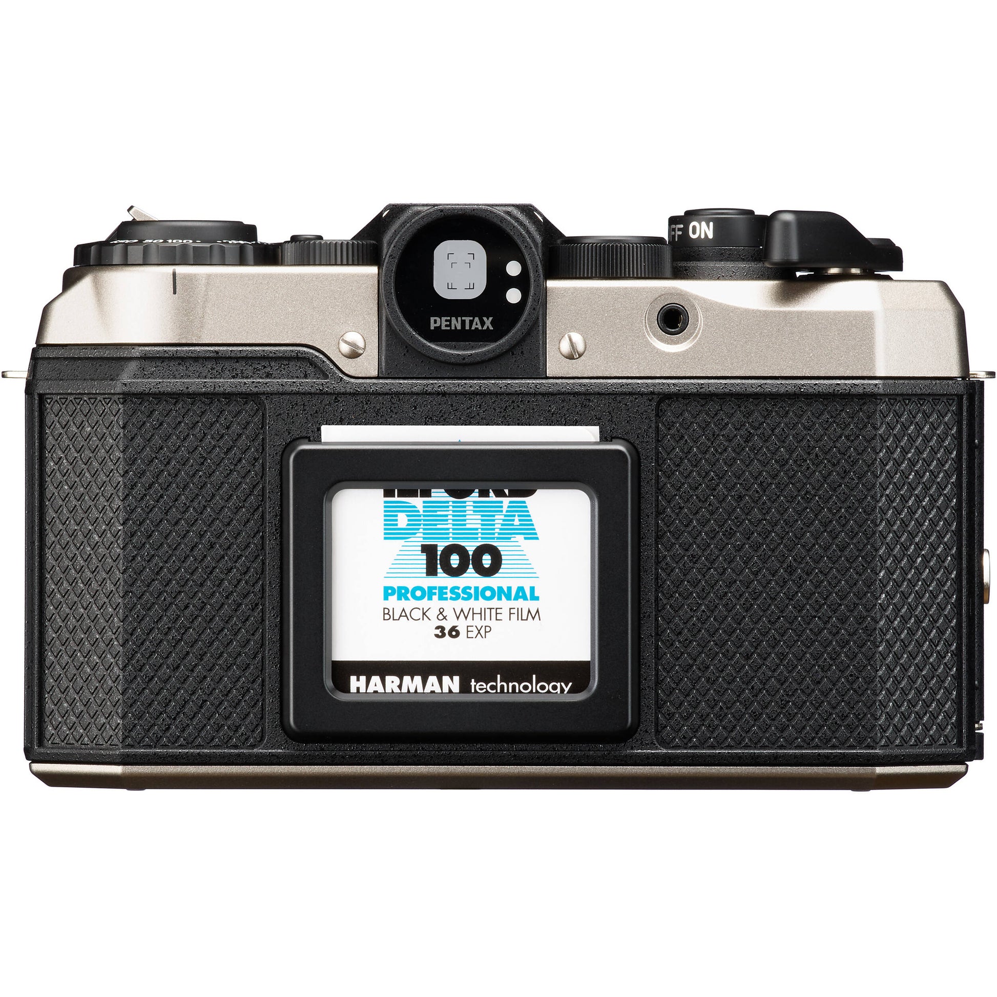 Vintage Pentax camera with a roll of Ilford Delta 100 film displayed on the back. Film not included with the camera.