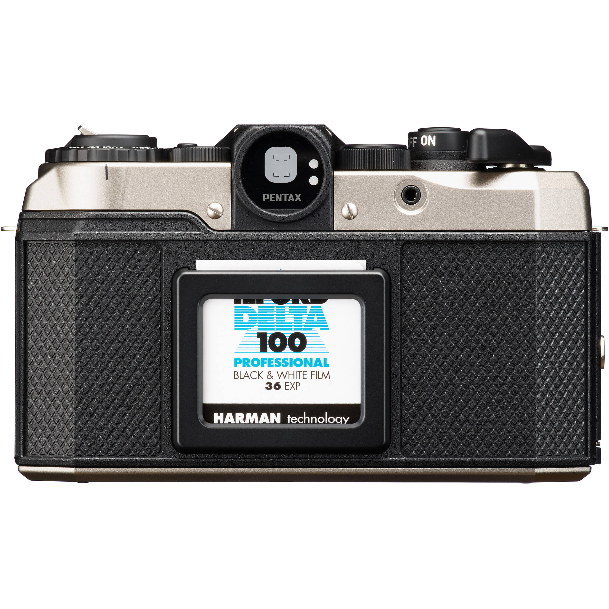 Vintage Pentax camera with a roll of Ilford Delta 100 film displayed on the back. Film not included with the camera.