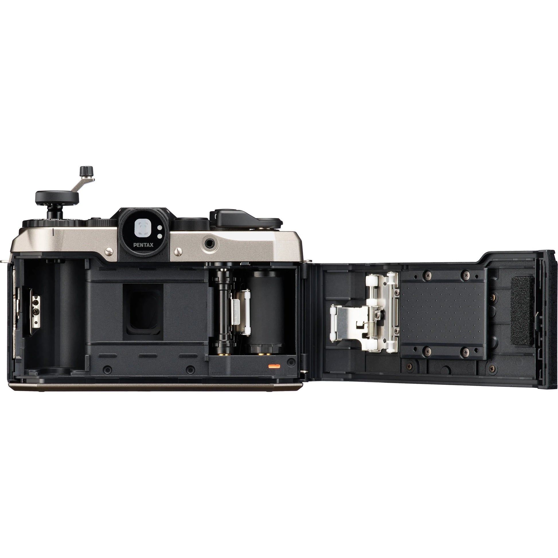Open camera body showing internal components on a white background