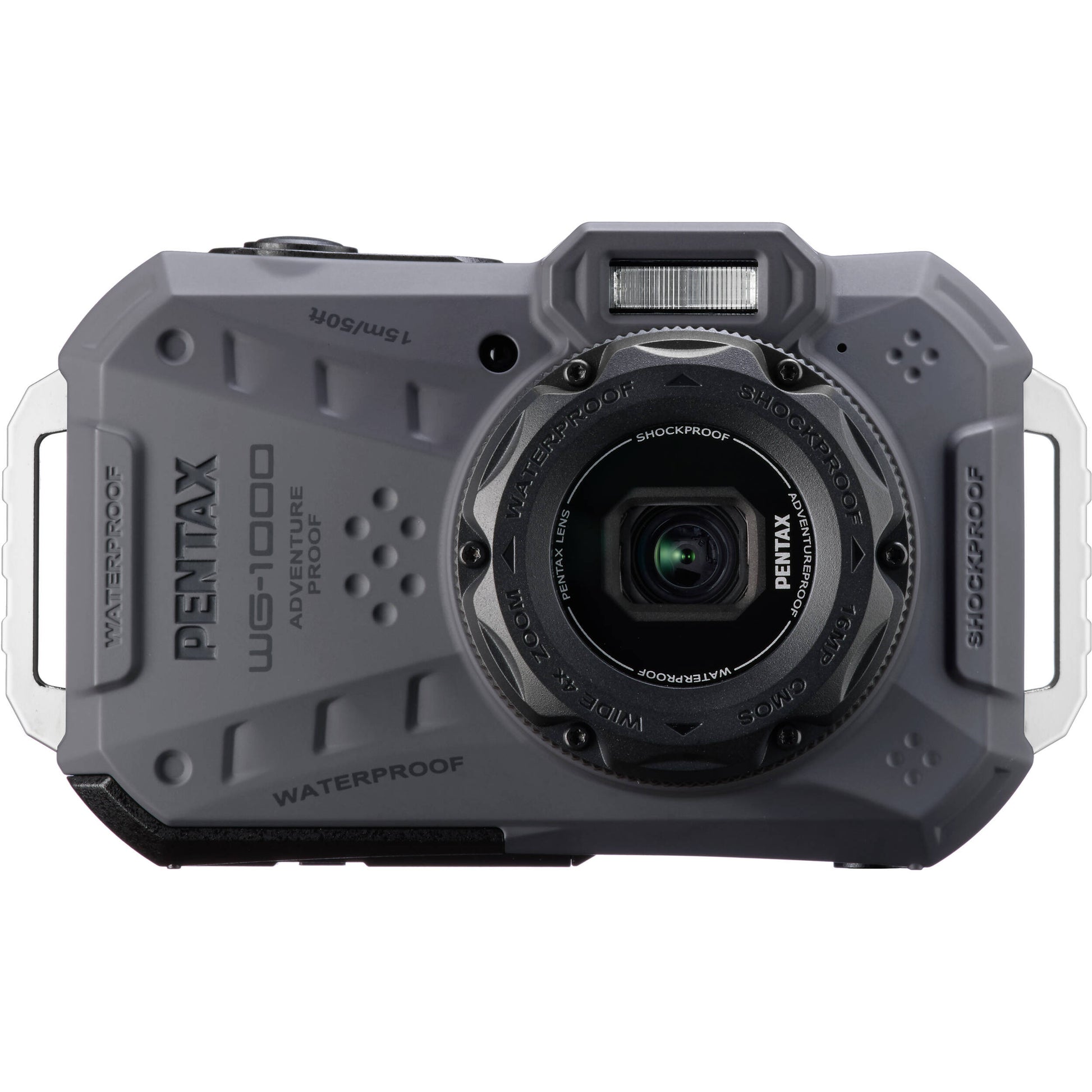 Pentax WG-1000 rugged compact camera in grey, waterproof to 15m, shockproof, with 16.35MP sensor and 4x optical zoom.