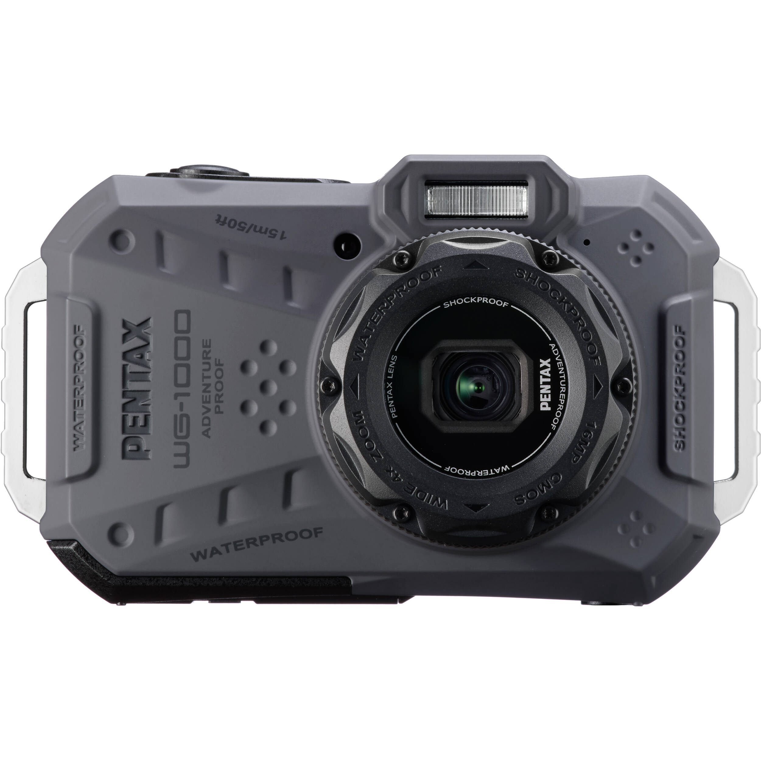 Pentax WG-1000 rugged compact camera in grey, waterproof to 15m, shockproof, with 16.35MP sensor and 4x optical zoom.