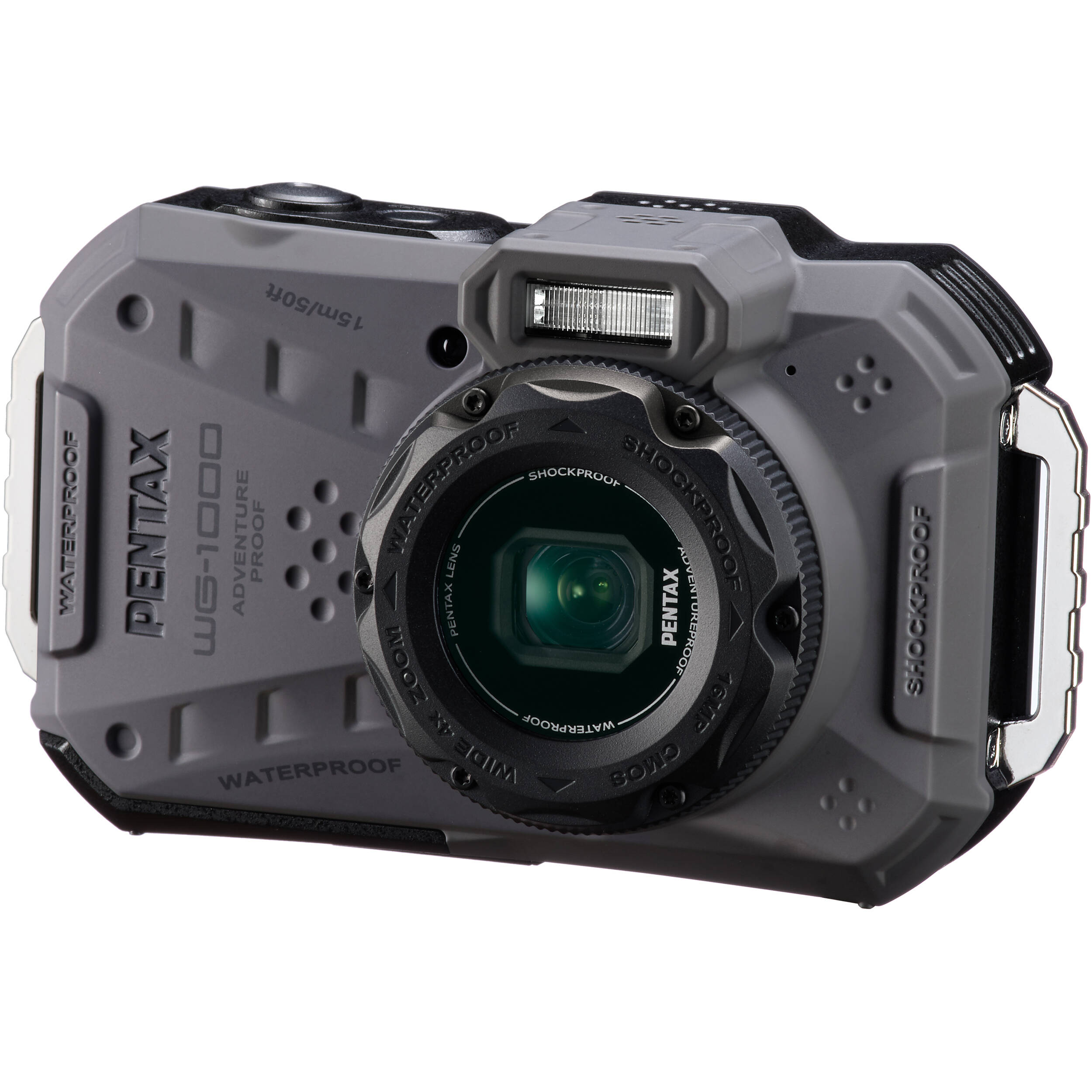 Pentax WG-1000 rugged compact camera in grey, waterproof to 15m, shockproof, with 16.35MP sensor and 4x optical zoom.
