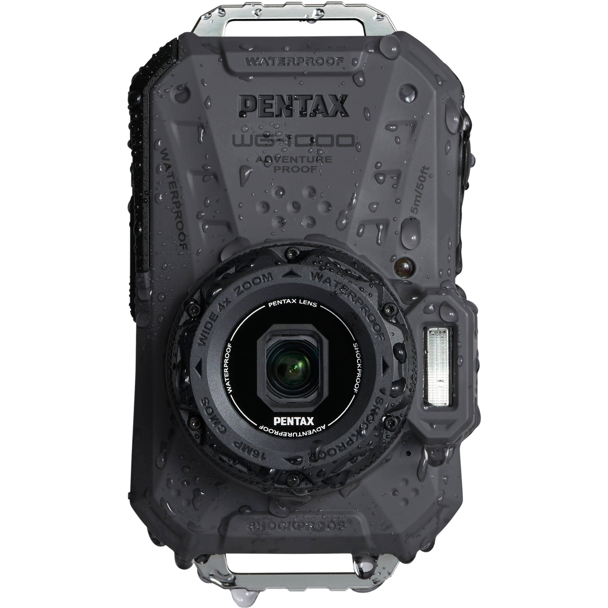 Pentax WG-1000 rugged compact camera in grey, waterproof to 15m, shockproof, with 16.35MP sensor and 4x optical zoom.