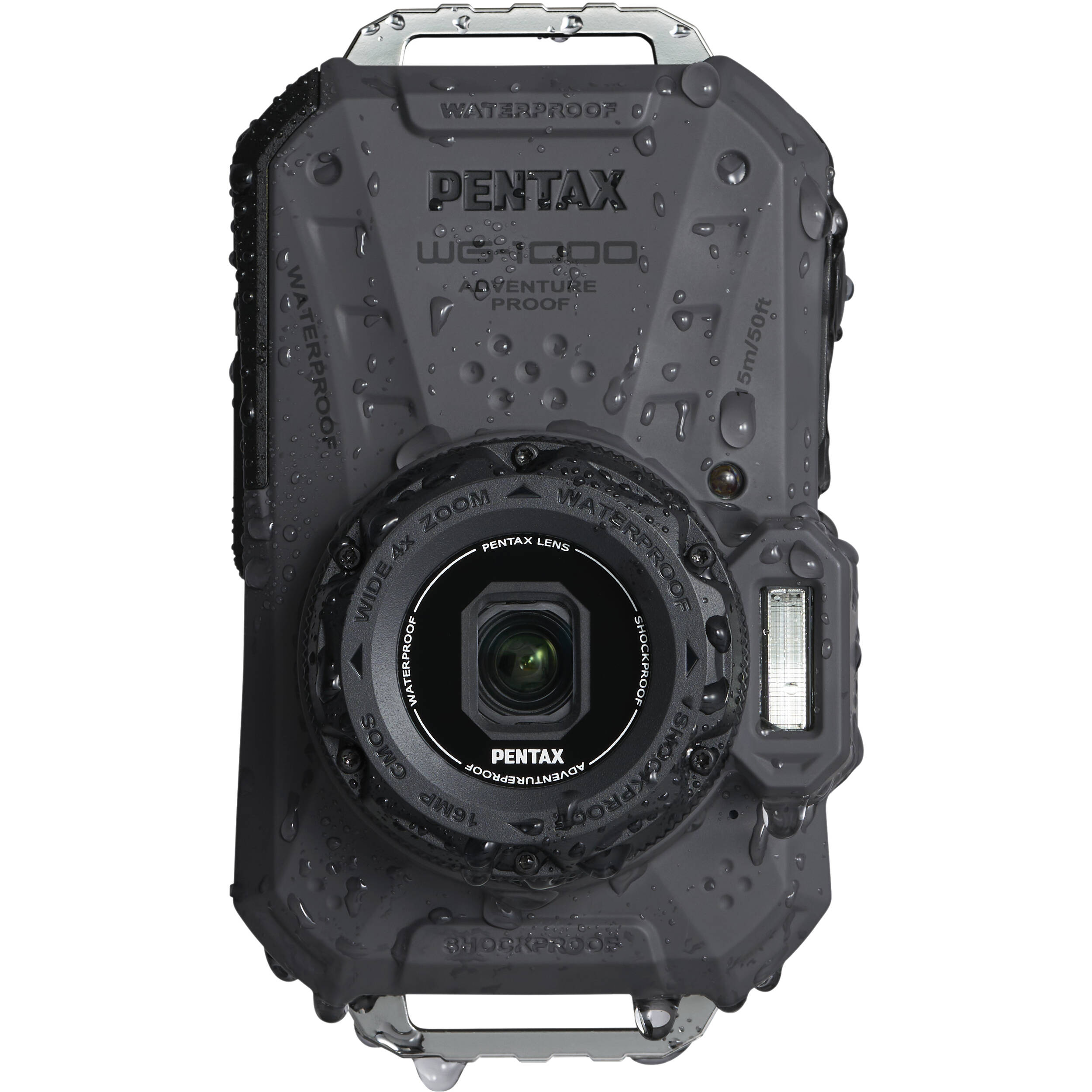 Pentax WG-1000 rugged compact camera in grey, waterproof to 15m, shockproof, with 16.35MP sensor and 4x optical zoom.