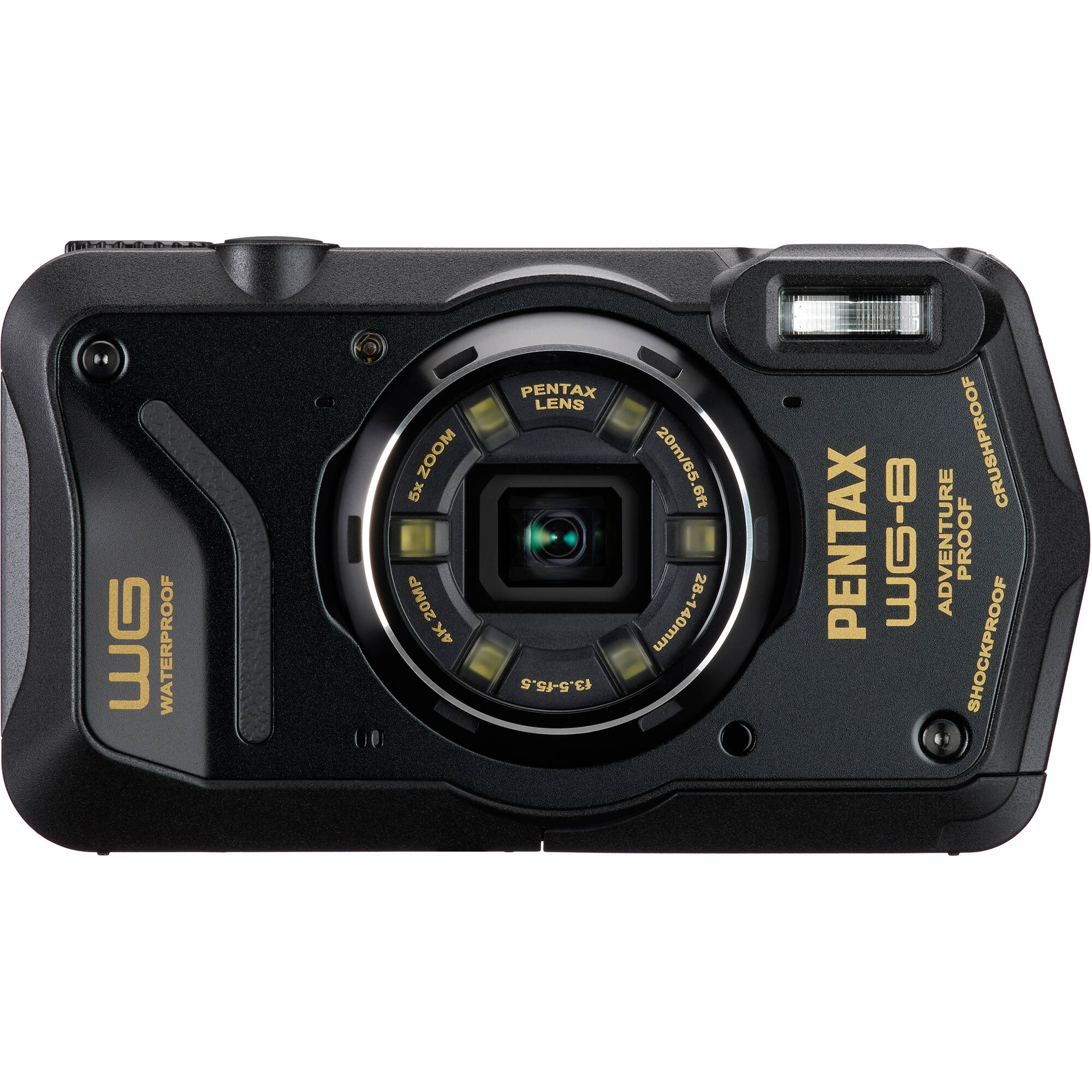 Pentax WG-8 rugged waterproof camera in black with 20MP sensor, 5x optical zoom, 4K video, and durable build for outdoor use.
