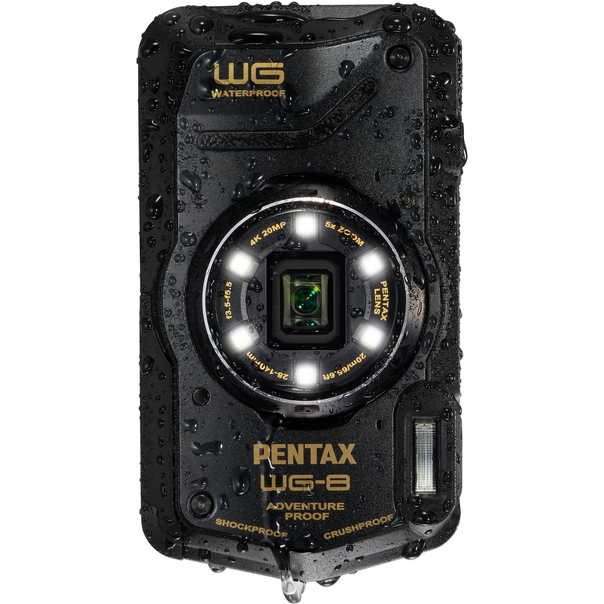 Pentax WG-8 rugged waterproof camera in black with 20MP sensor, 5x optical zoom, 4K video, and durable build for outdoor use.