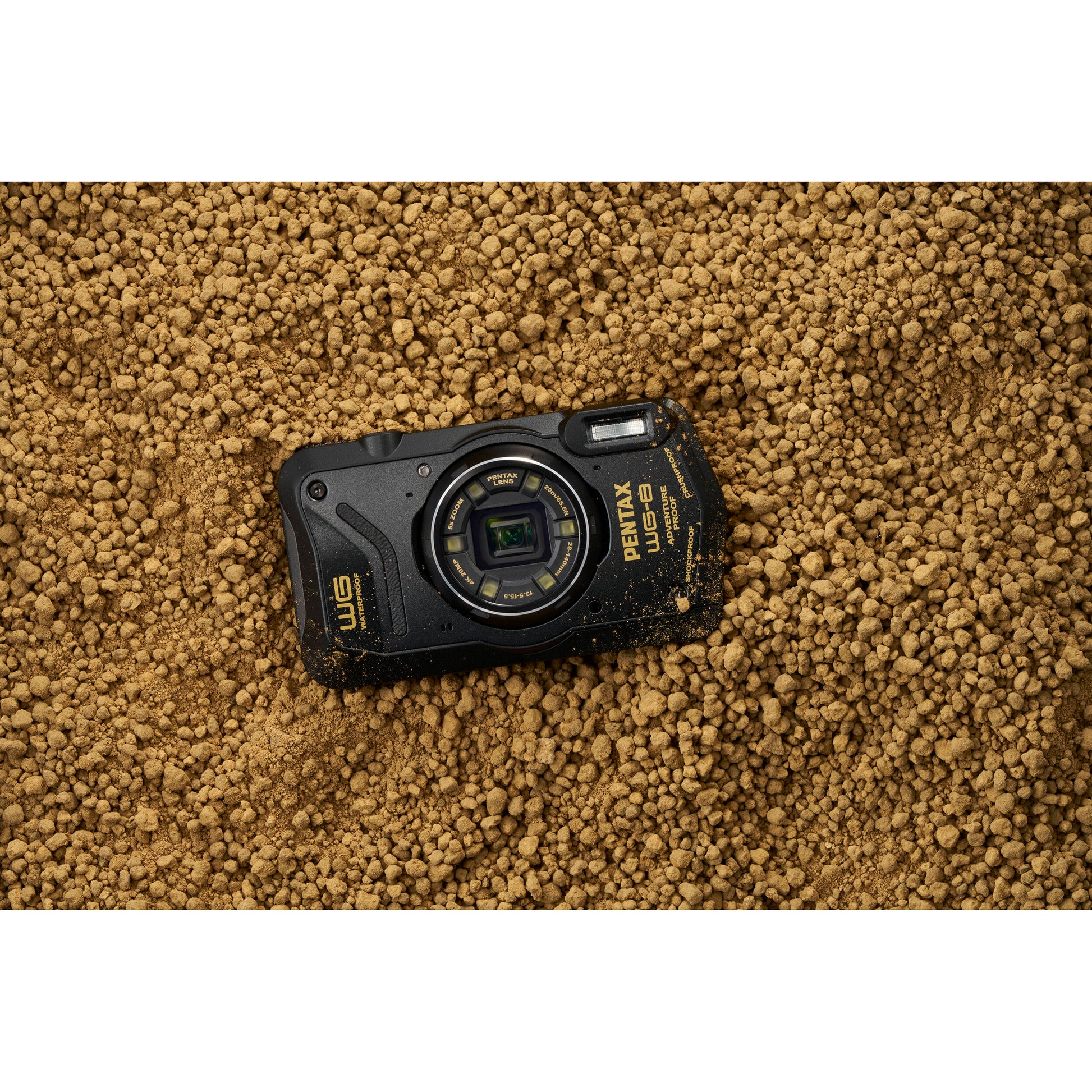 Pentax WG-8 rugged waterproof camera in black with 20MP sensor, 5x optical zoom, 4K video, and durable build for outdoor use.