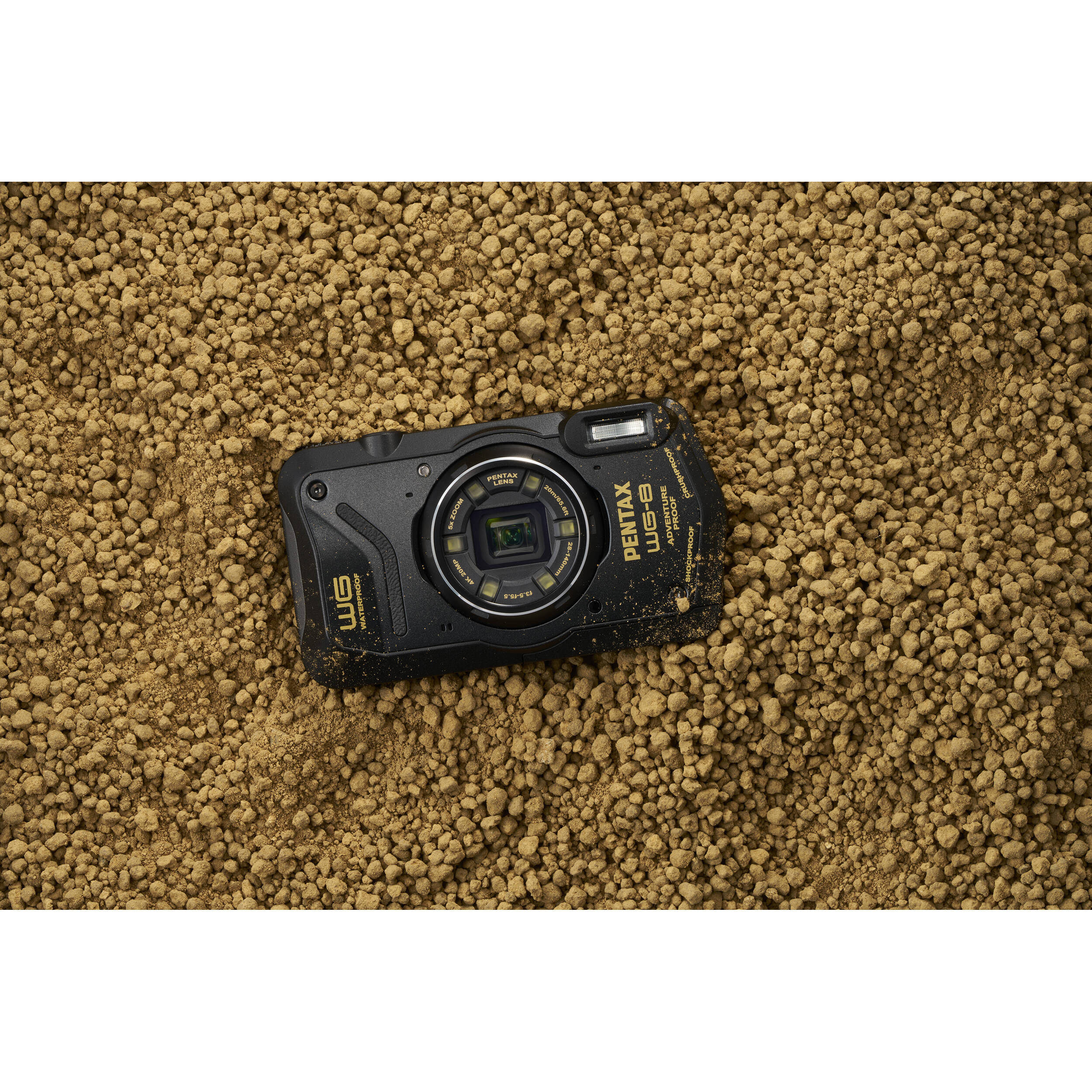 Pentax WG-8 rugged waterproof camera in black with 20MP sensor, 5x optical zoom, 4K video, and durable build for outdoor use.
