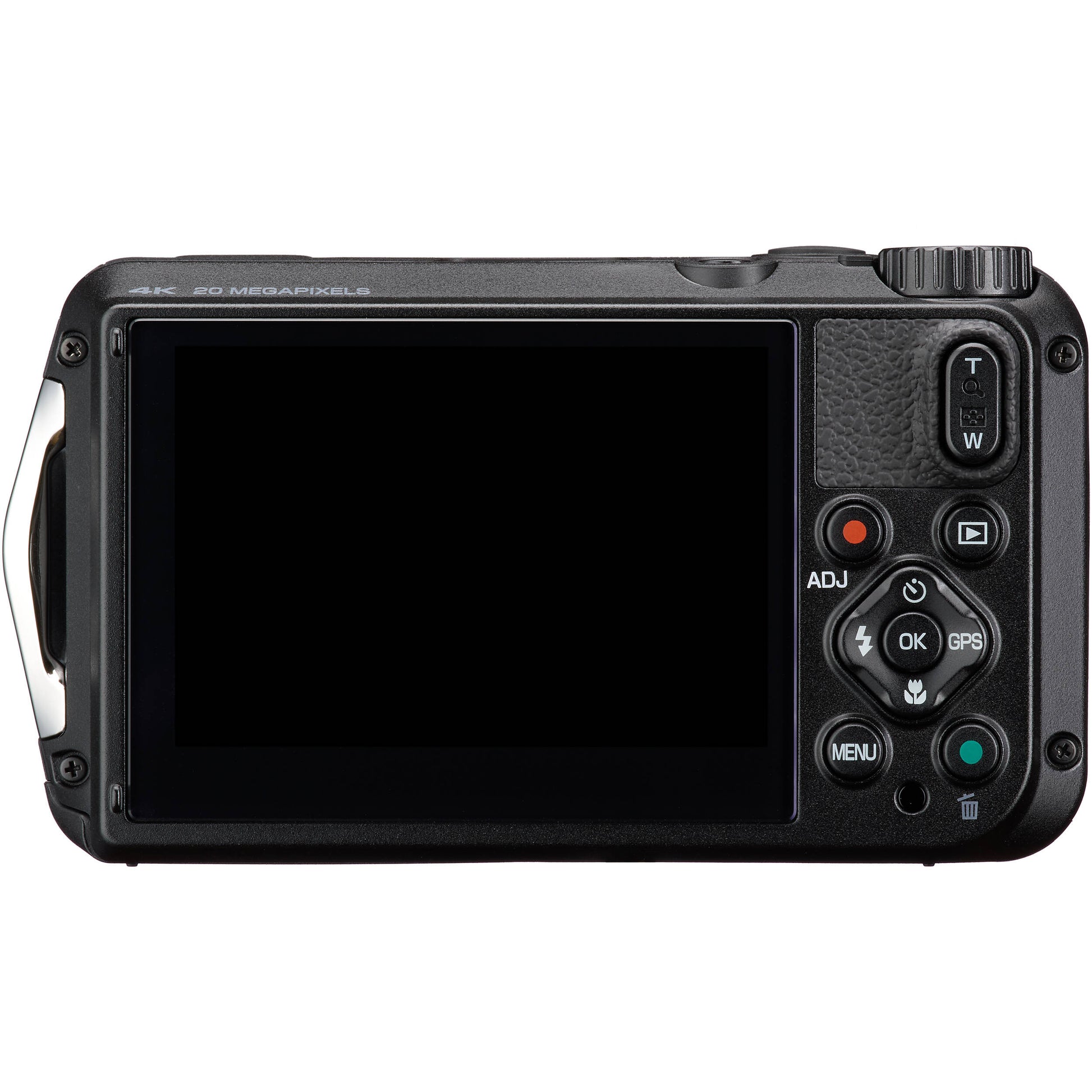 Pentax WG-8 rugged waterproof camera in black with 20MP sensor, 5x optical zoom, 4K video, and durable build for outdoor use.