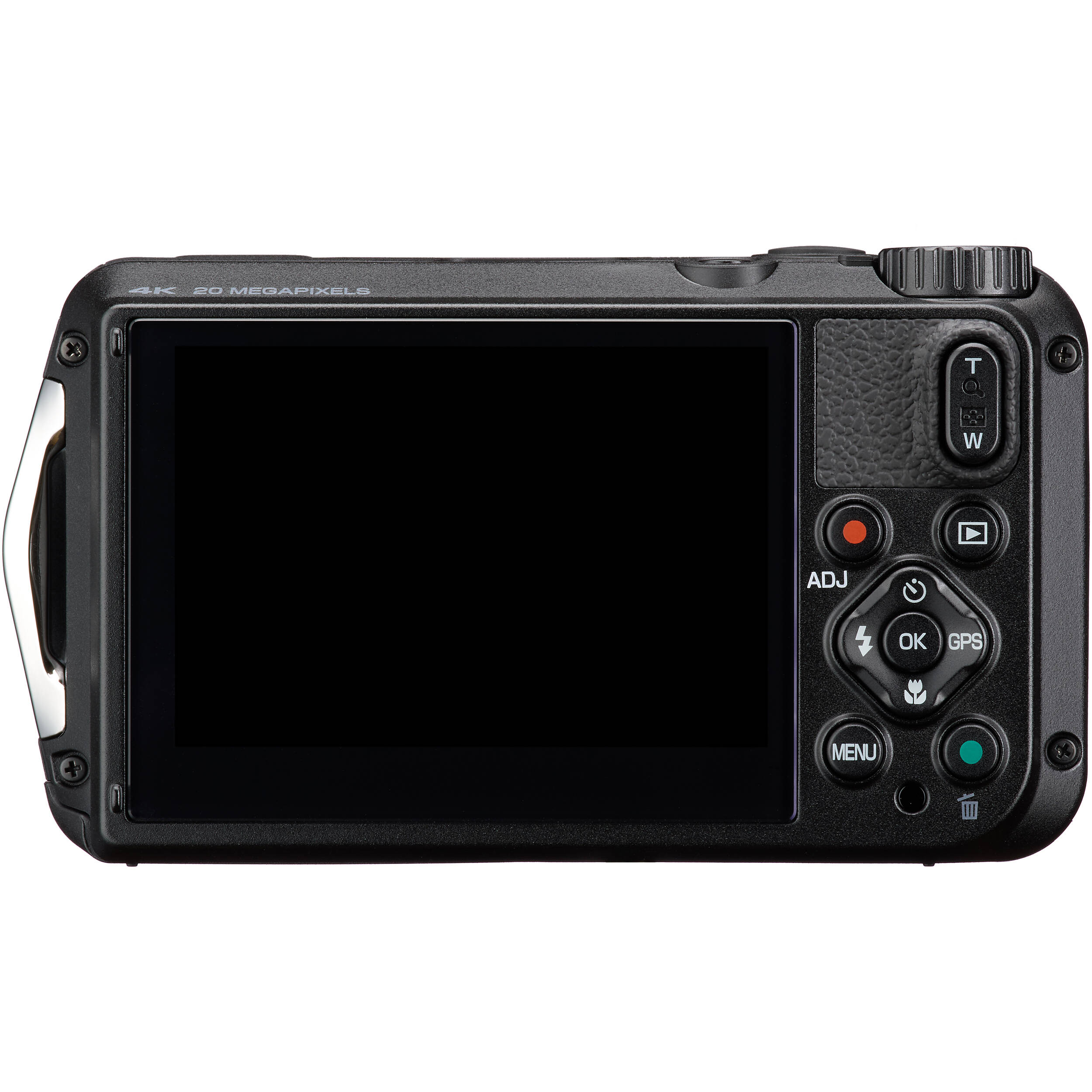Pentax WG-8 rugged waterproof camera in black with 20MP sensor, 5x optical zoom, 4K video, and durable build for outdoor use.