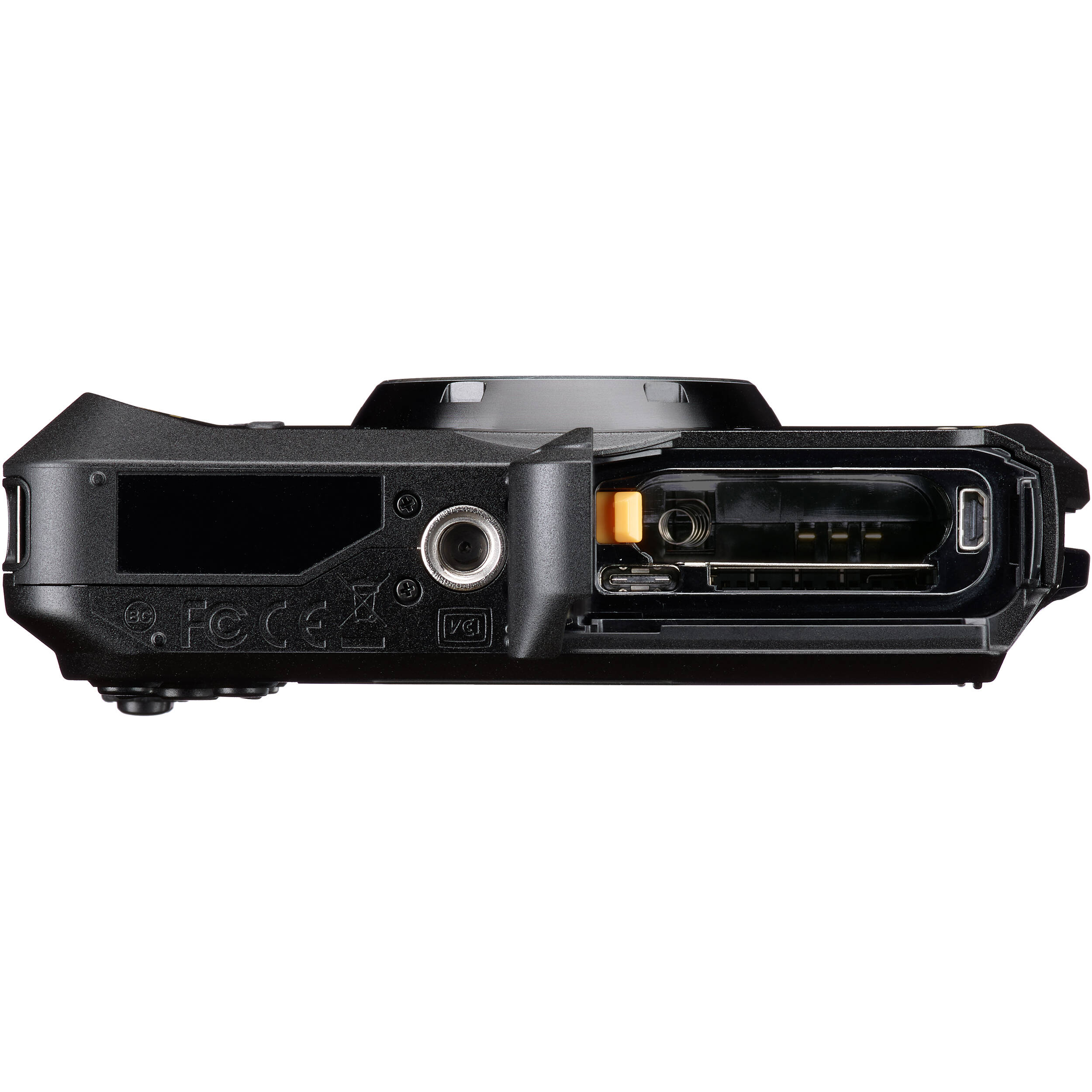 Pentax WG-8 rugged waterproof camera in black with 20MP sensor, 5x optical zoom, 4K video, and durable build for outdoor use.