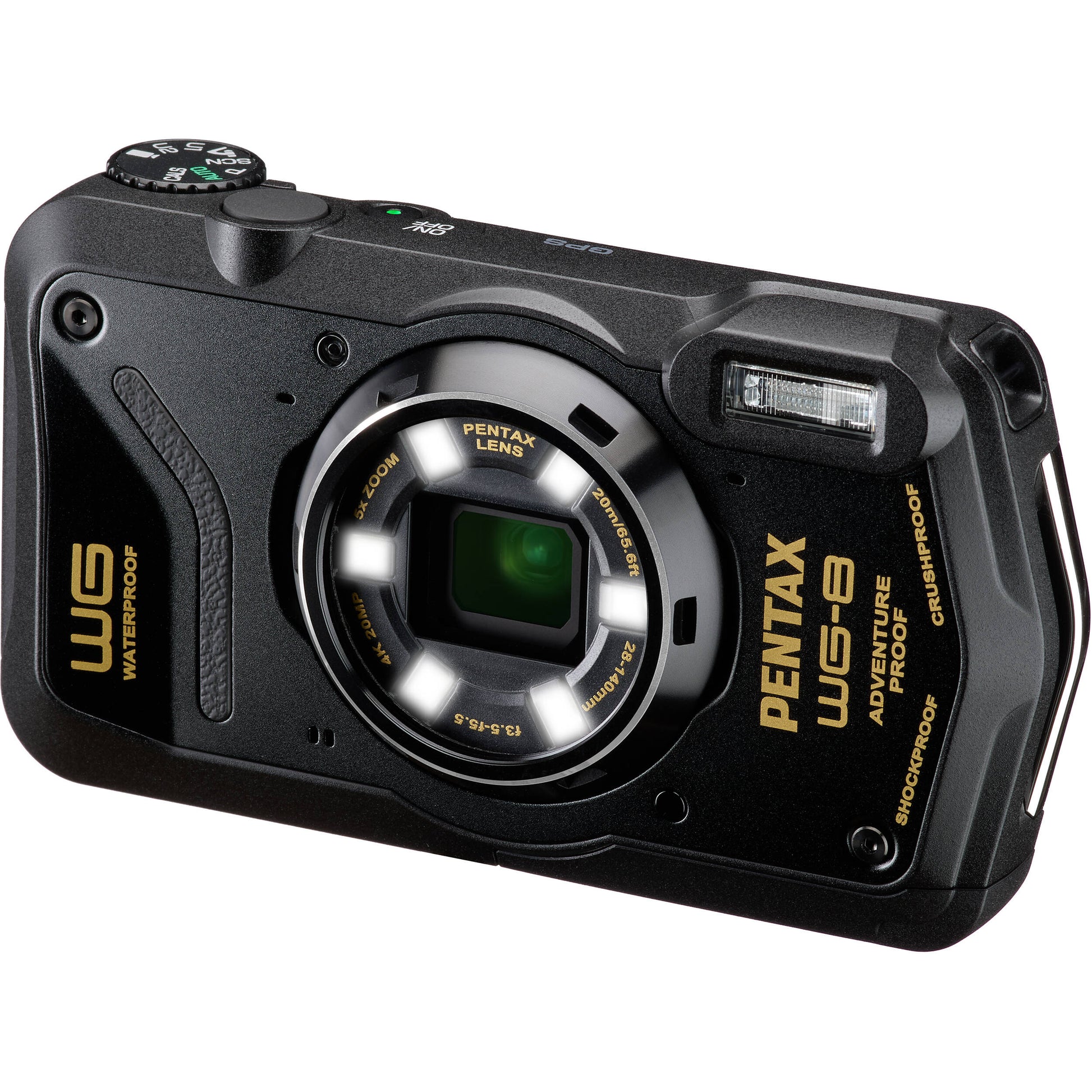 Pentax WG-8 rugged waterproof camera in black with 20MP sensor, 5x optical zoom, 4K video, and durable build for outdoor use.