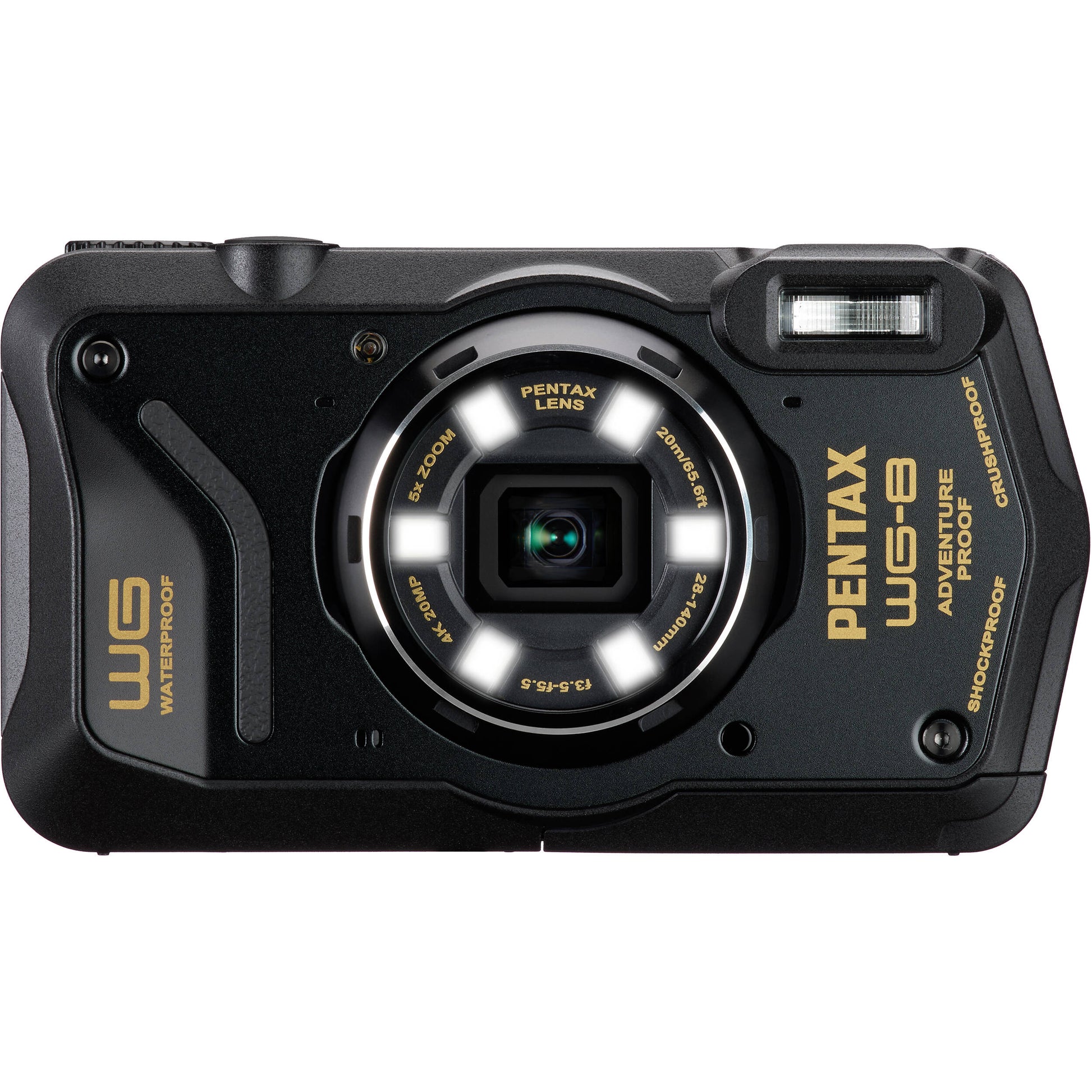 Pentax WG-8 rugged waterproof camera in black with 20MP sensor, 5x optical zoom, 4K video, and durable build for outdoor use.