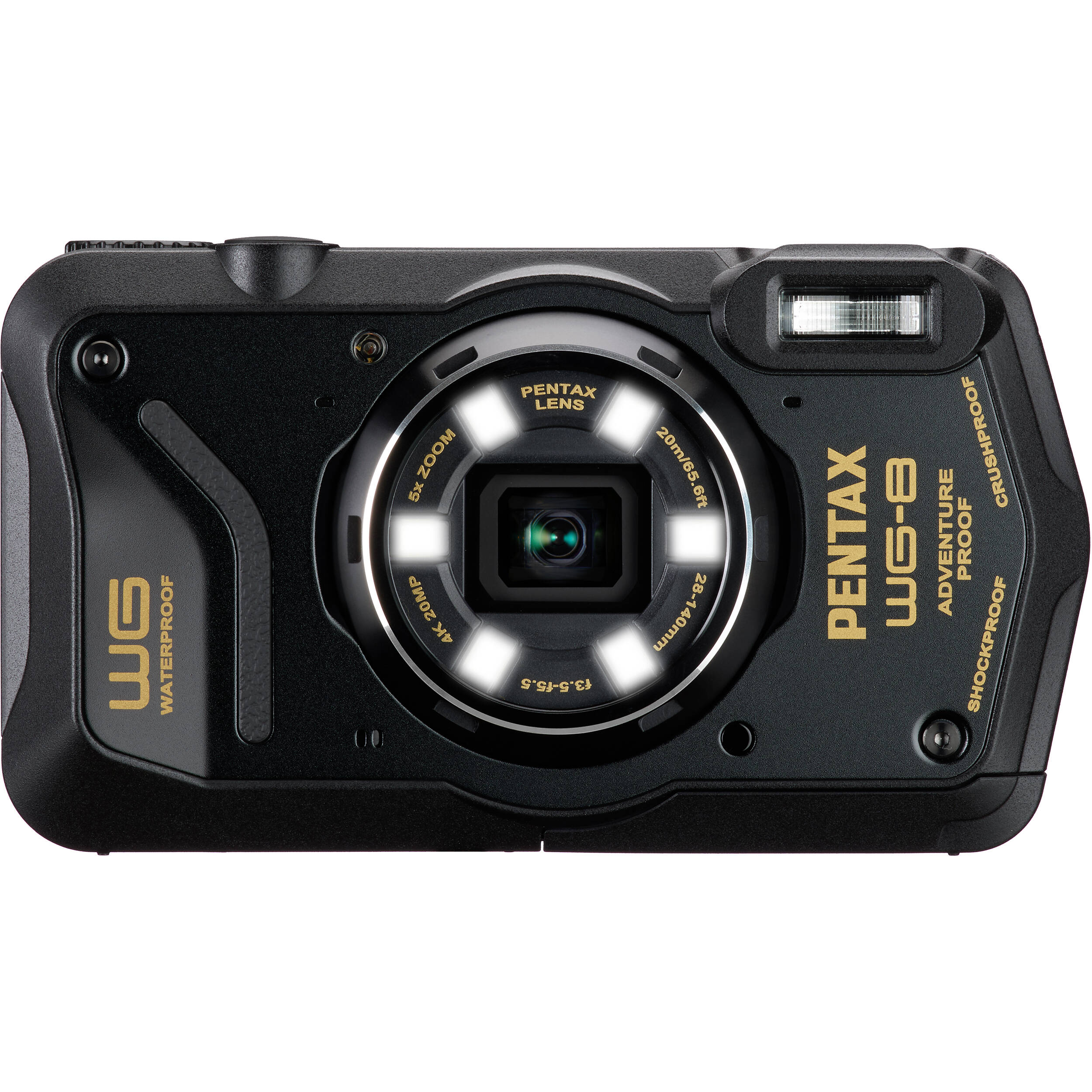 Pentax WG-8 rugged waterproof camera in black with 20MP sensor, 5x optical zoom, 4K video, and durable build for outdoor use.
