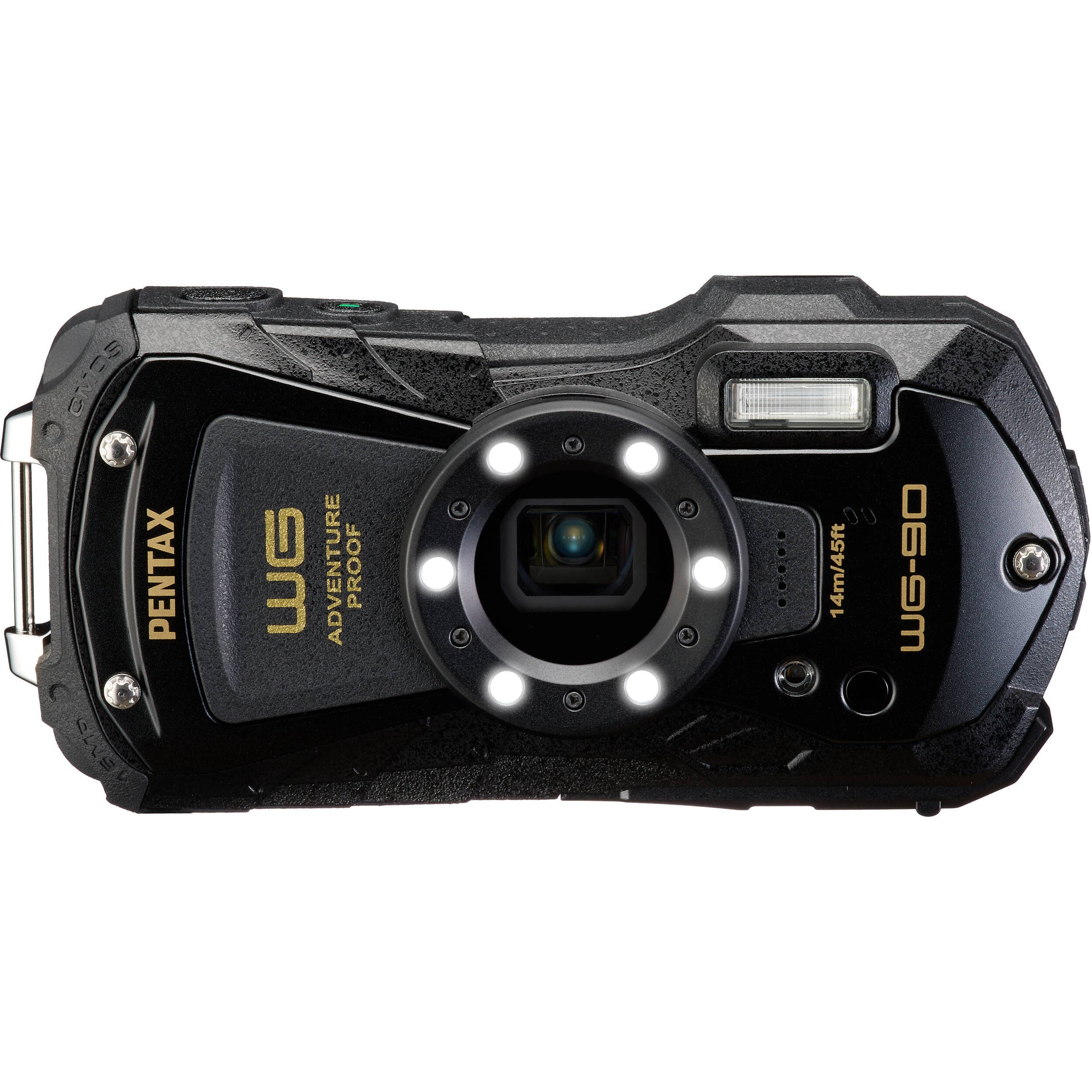 Pentax WG-90 rugged waterproof camera in black with 16MP BSI CMOS sensor, 5x optical zoom, 1cm macro mode, and 2.7-inch AR-coated LCD.