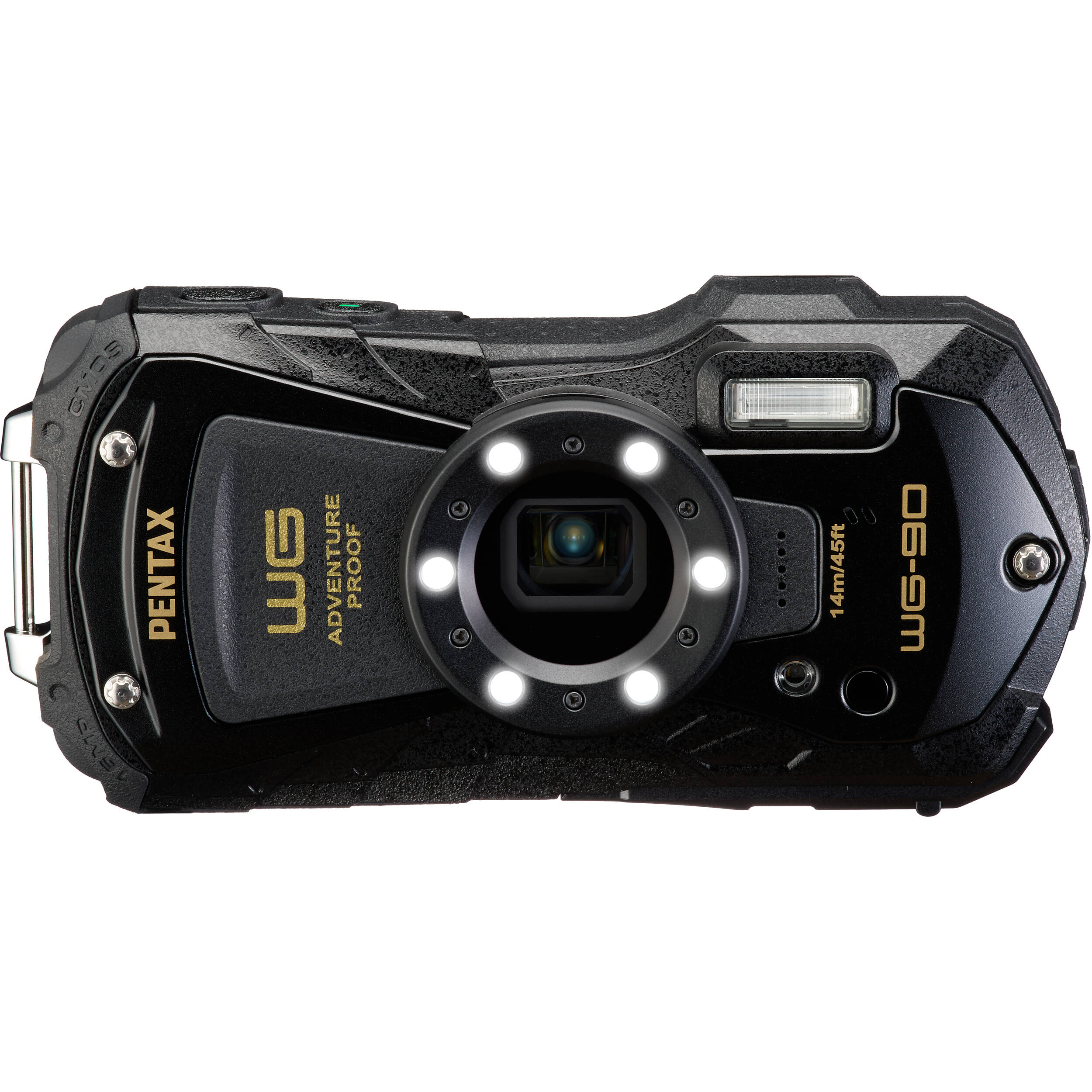 Pentax WG-90 rugged waterproof camera in black with 16MP BSI CMOS sensor, 5x optical zoom, 1cm macro mode, and 2.7-inch AR-coated LCD.