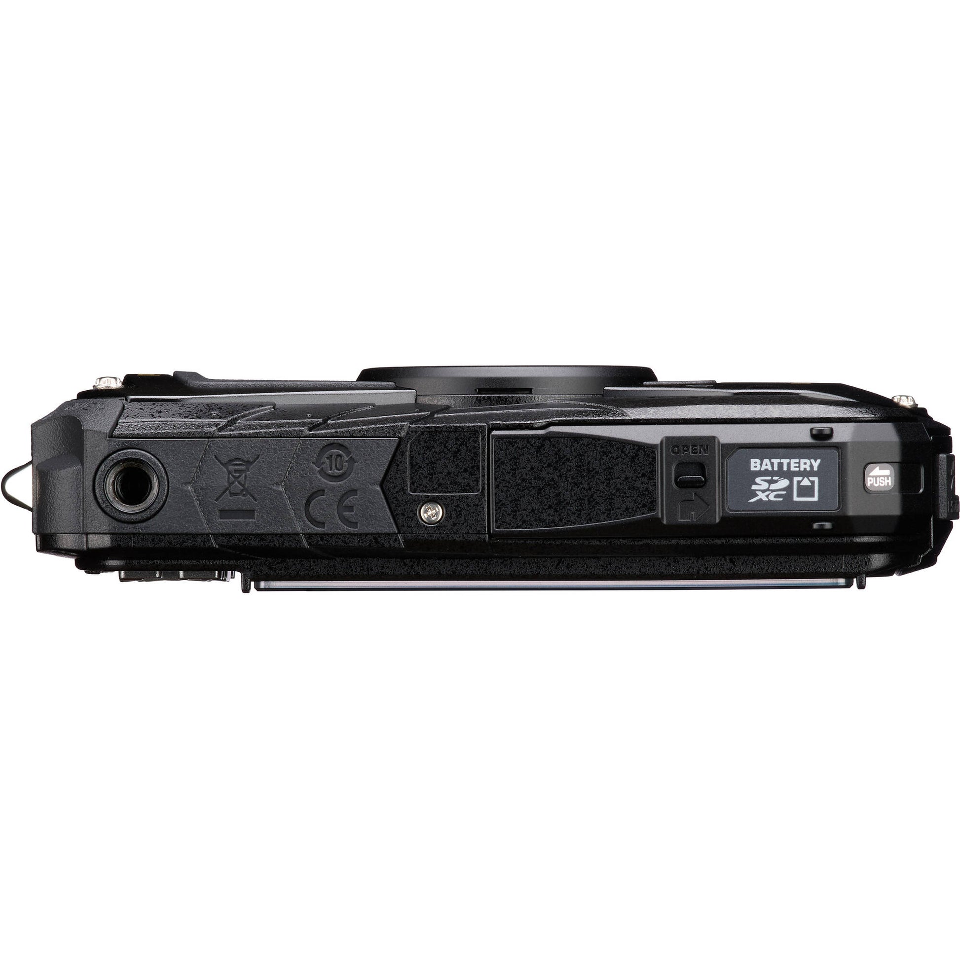 Pentax WG-90 rugged waterproof camera in black with 16MP BSI CMOS sensor, 5x optical zoom, 1cm macro mode, and 2.7-inch AR-coated LCD.