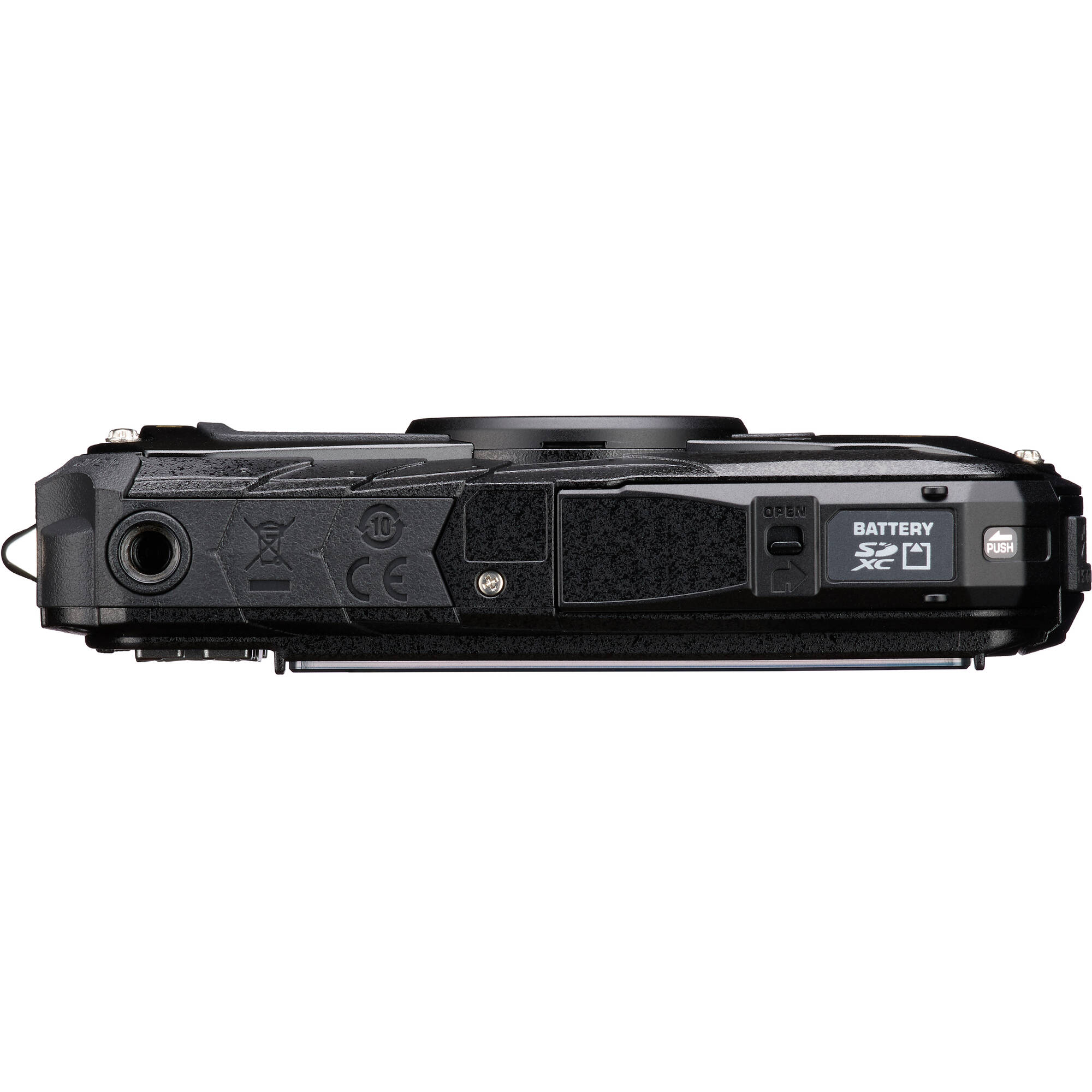 Pentax WG-90 rugged waterproof camera in black with 16MP BSI CMOS sensor, 5x optical zoom, 1cm macro mode, and 2.7-inch AR-coated LCD.