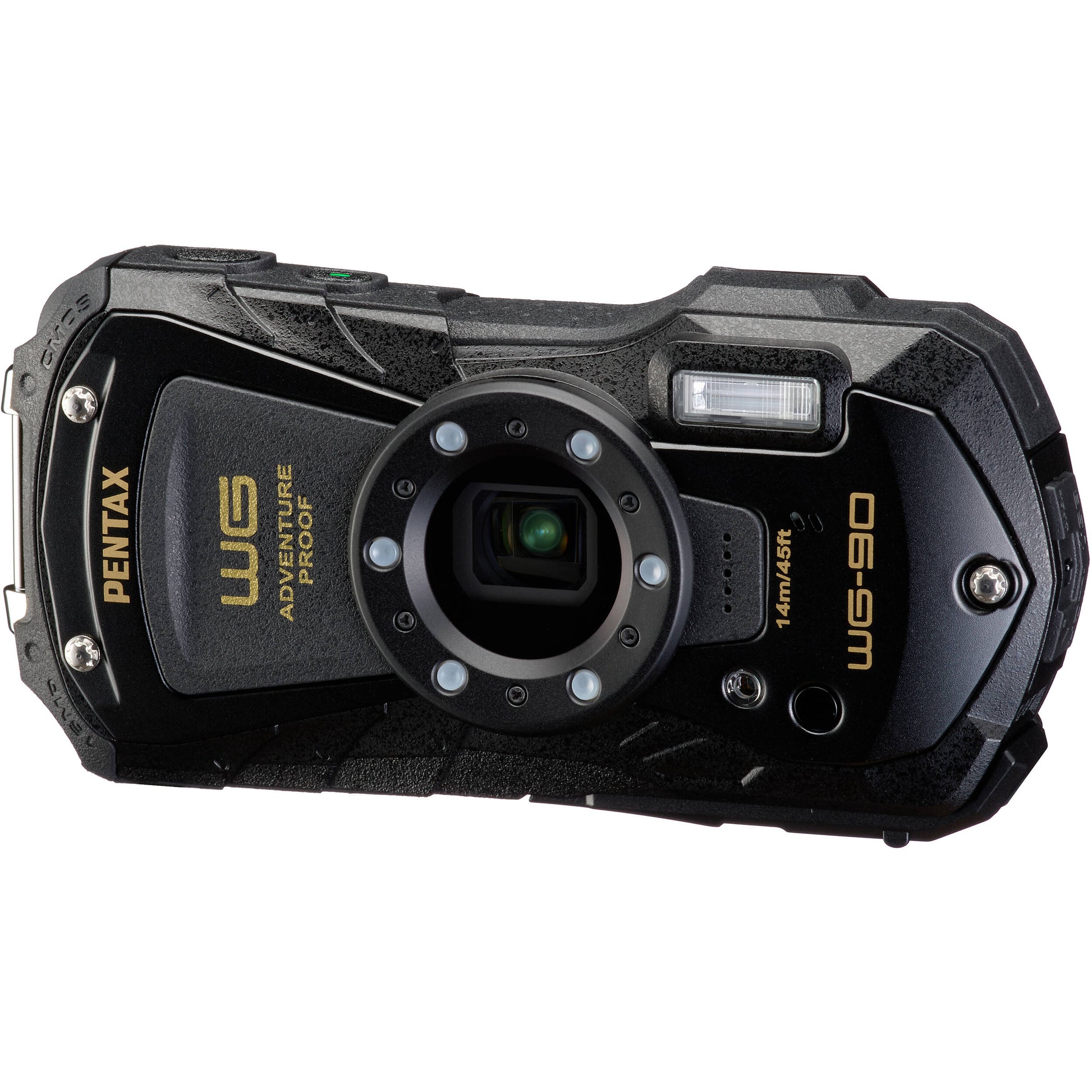 Pentax WG-90 rugged waterproof camera in black with 16MP BSI CMOS sensor, 5x optical zoom, 1cm macro mode, and 2.7-inch AR-coated LCD.
