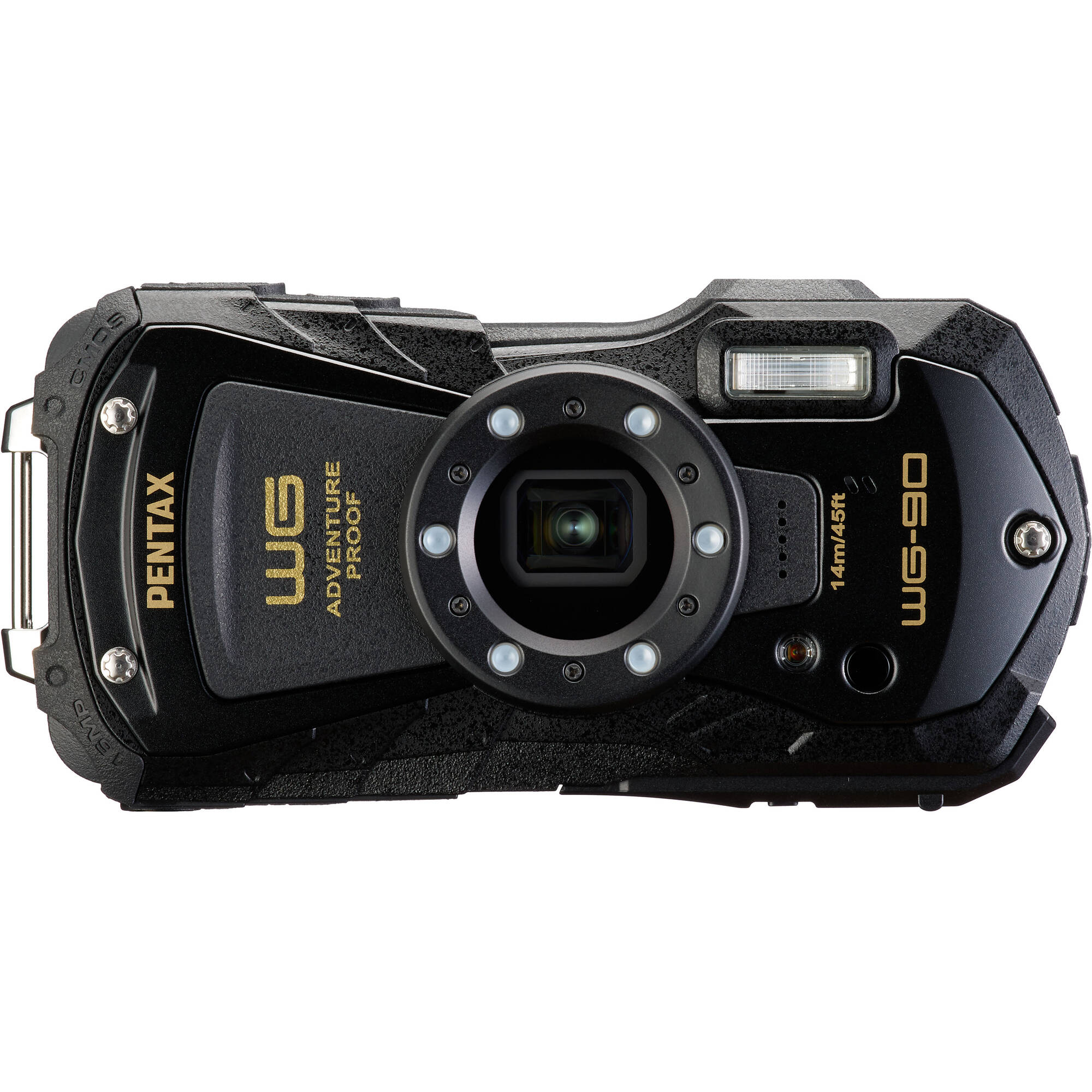 Pentax WG-90 rugged waterproof camera in black with 16MP BSI CMOS sensor, 5x optical zoom, 1cm macro mode, and 2.7-inch AR-coated LCD.
