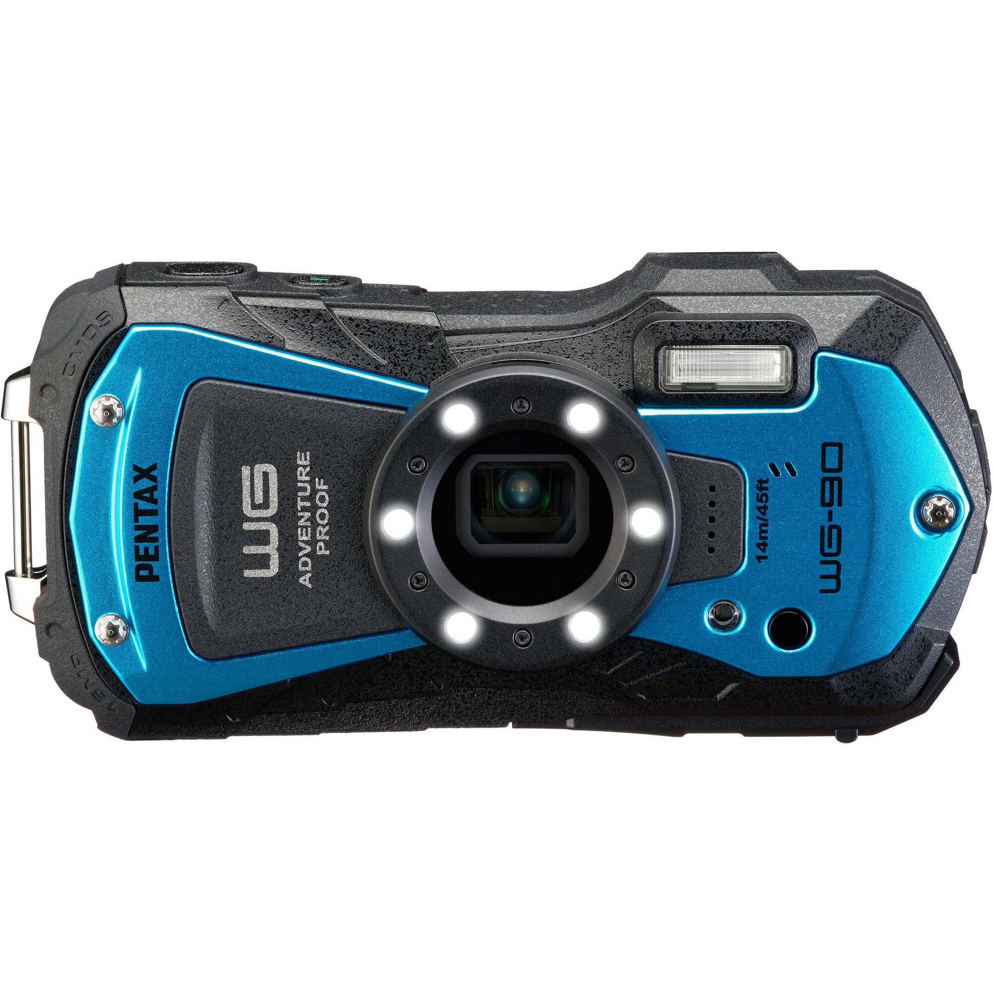 Pentax WG-90 rugged waterproof blue camera with 16MP sensor, 5x optical zoom, 1cm macro mode, and 2.7-inch AR-coated LCD.