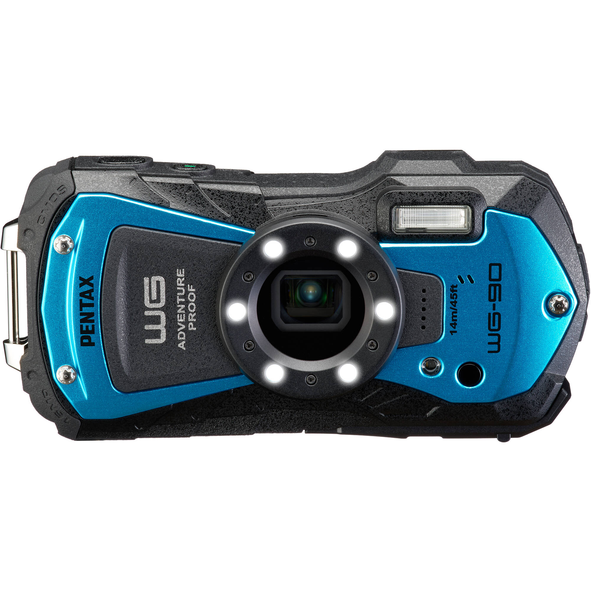 Pentax WG-90 rugged waterproof blue camera with 16MP sensor, 5x optical zoom, 1cm macro mode, and 2.7-inch AR-coated LCD.