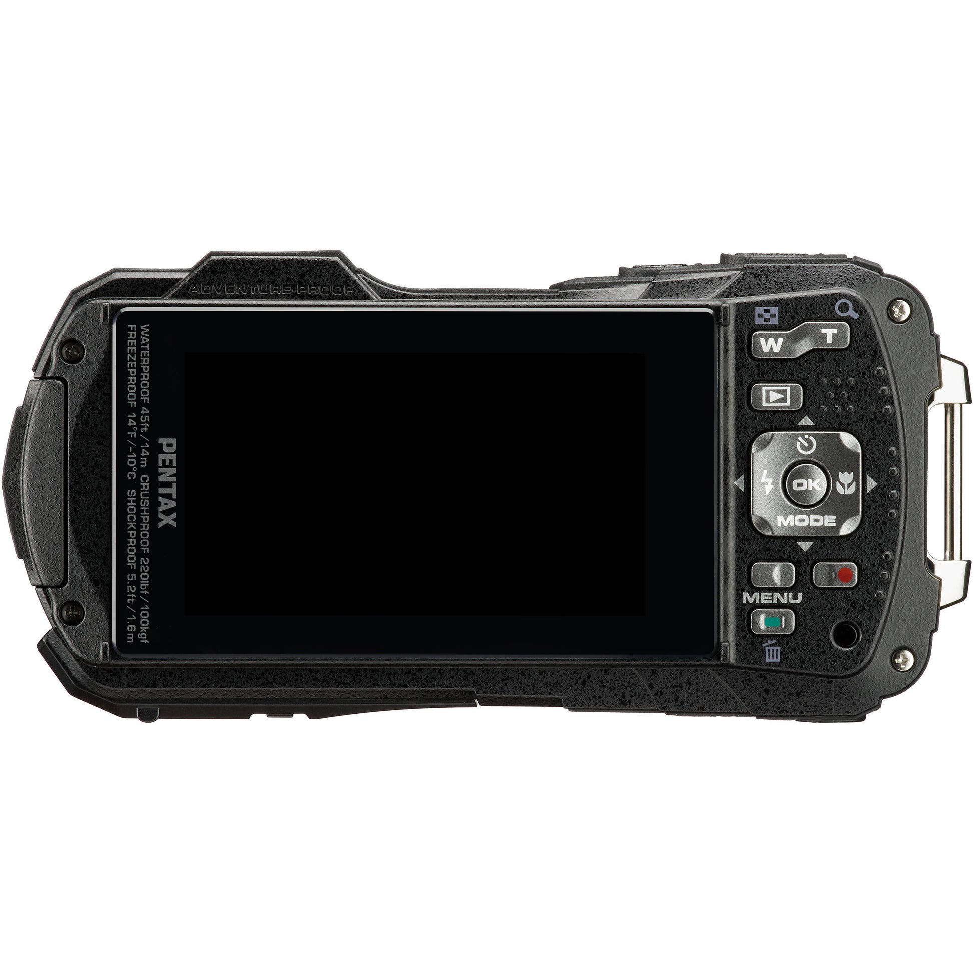 Pentax WG-90 rugged waterproof blue camera with 16MP sensor, 5x optical zoom, 1cm macro mode, and 2.7-inch AR-coated LCD.