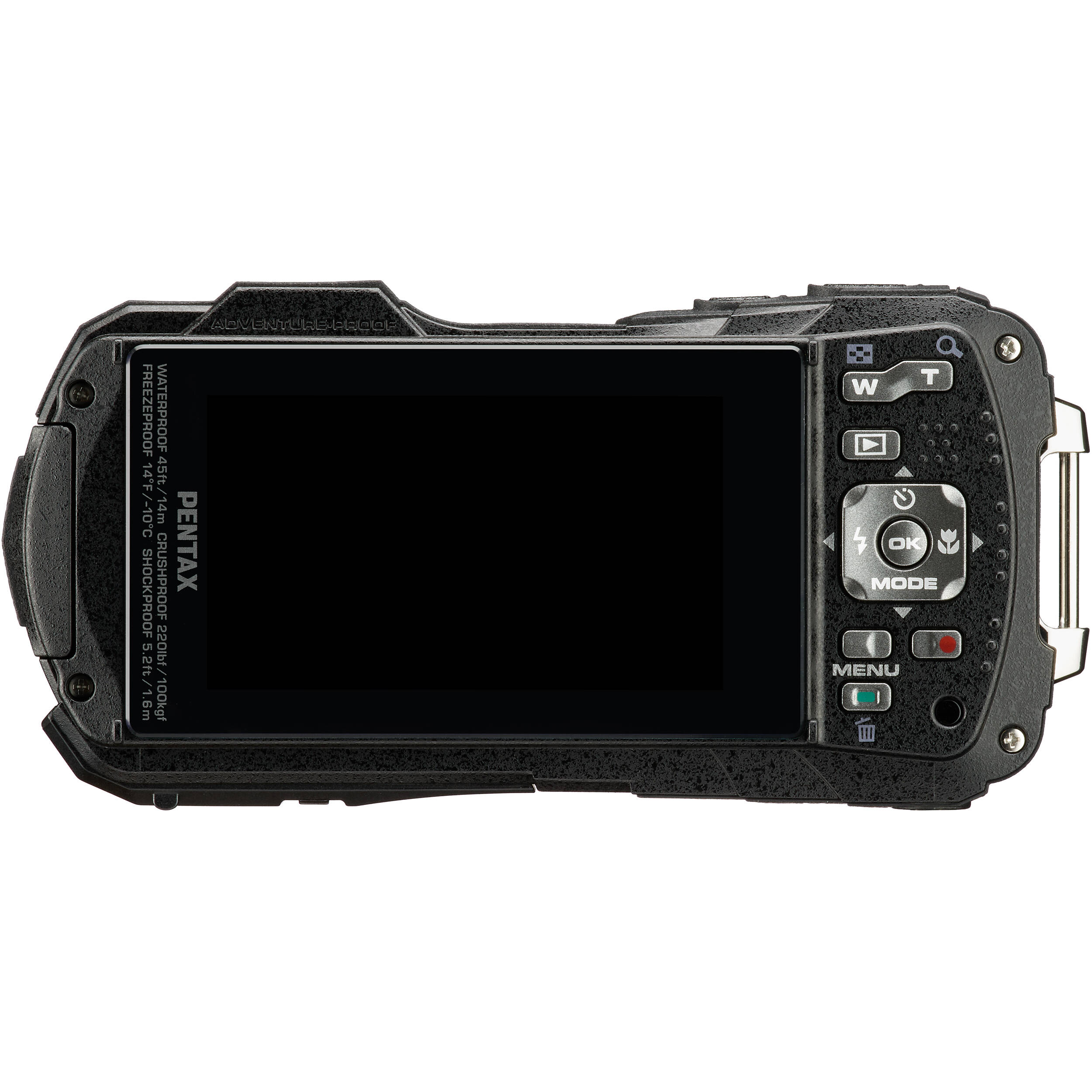 Pentax WG-90 rugged waterproof blue camera with 16MP sensor, 5x optical zoom, 1cm macro mode, and 2.7-inch AR-coated LCD.