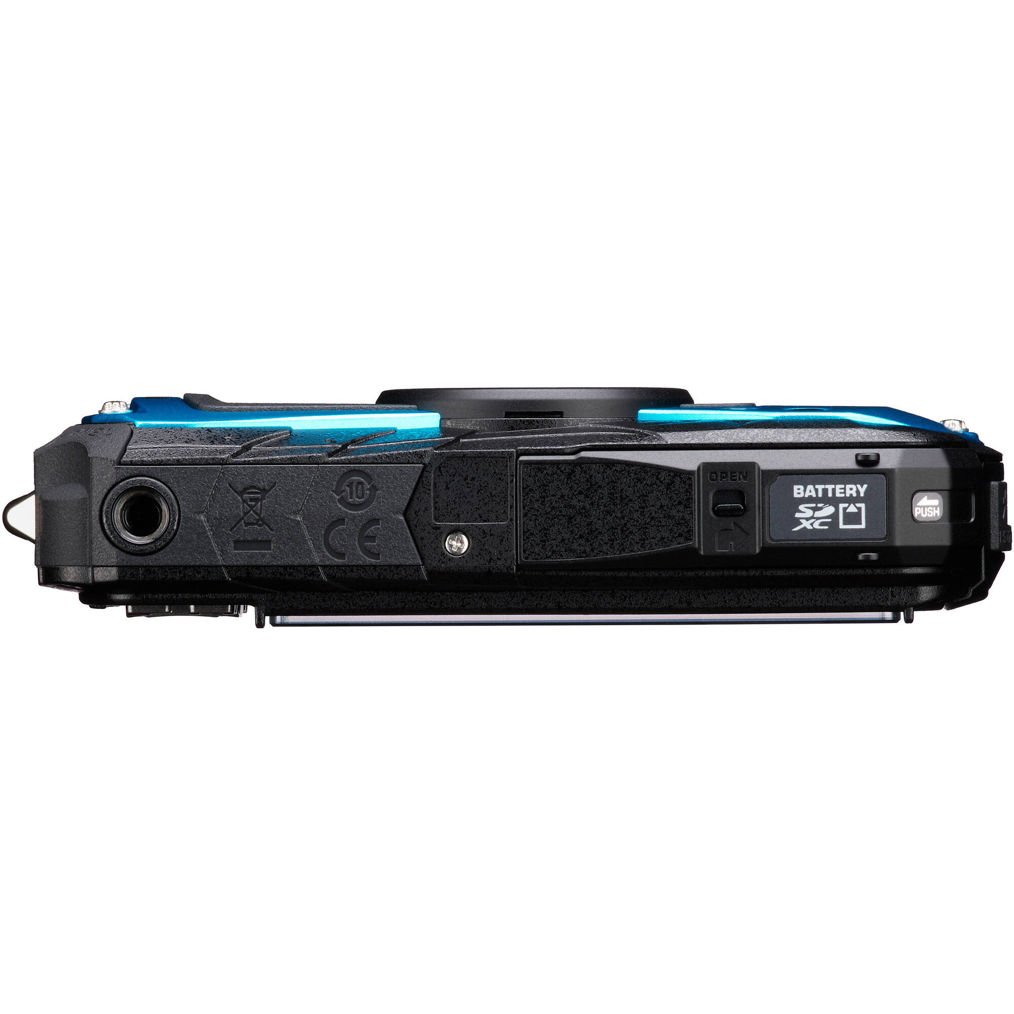Pentax WG-90 rugged waterproof blue camera with 16MP sensor, 5x optical zoom, 1cm macro mode, and 2.7-inch AR-coated LCD.