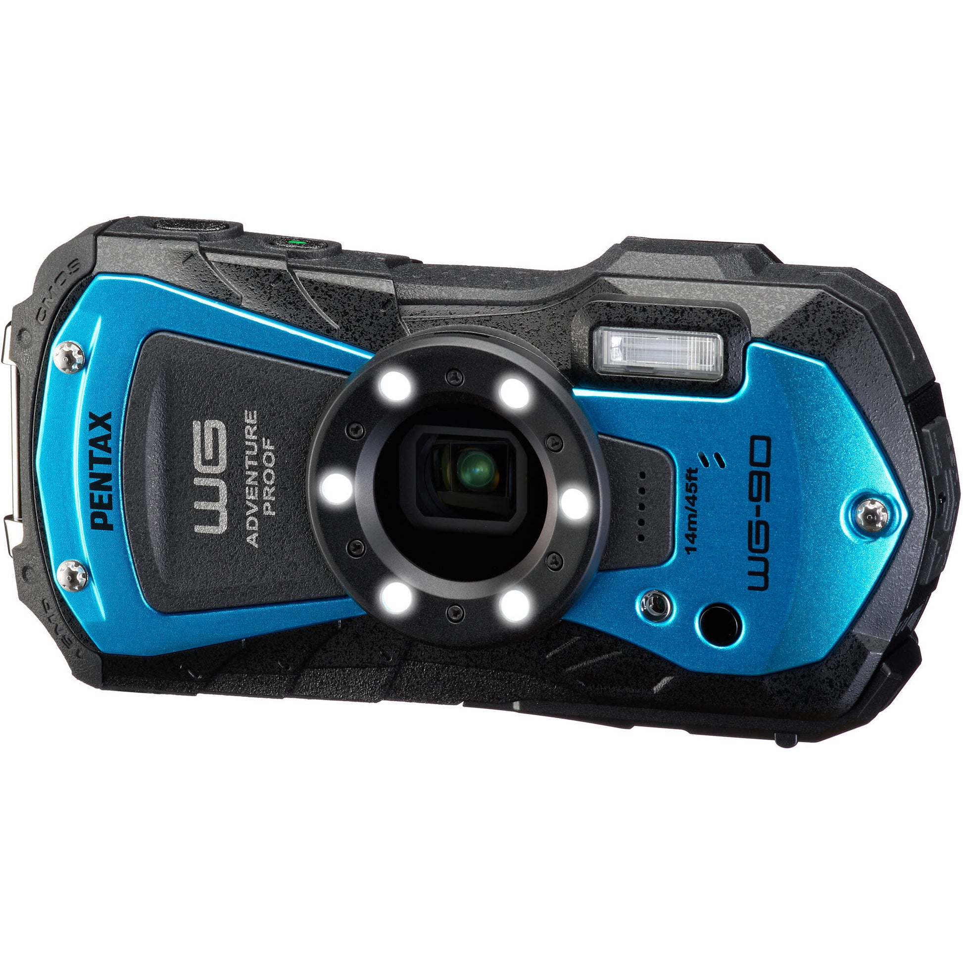 Pentax WG-90 rugged waterproof blue camera with 16MP sensor, 5x optical zoom, 1cm macro mode, and 2.7-inch AR-coated LCD.