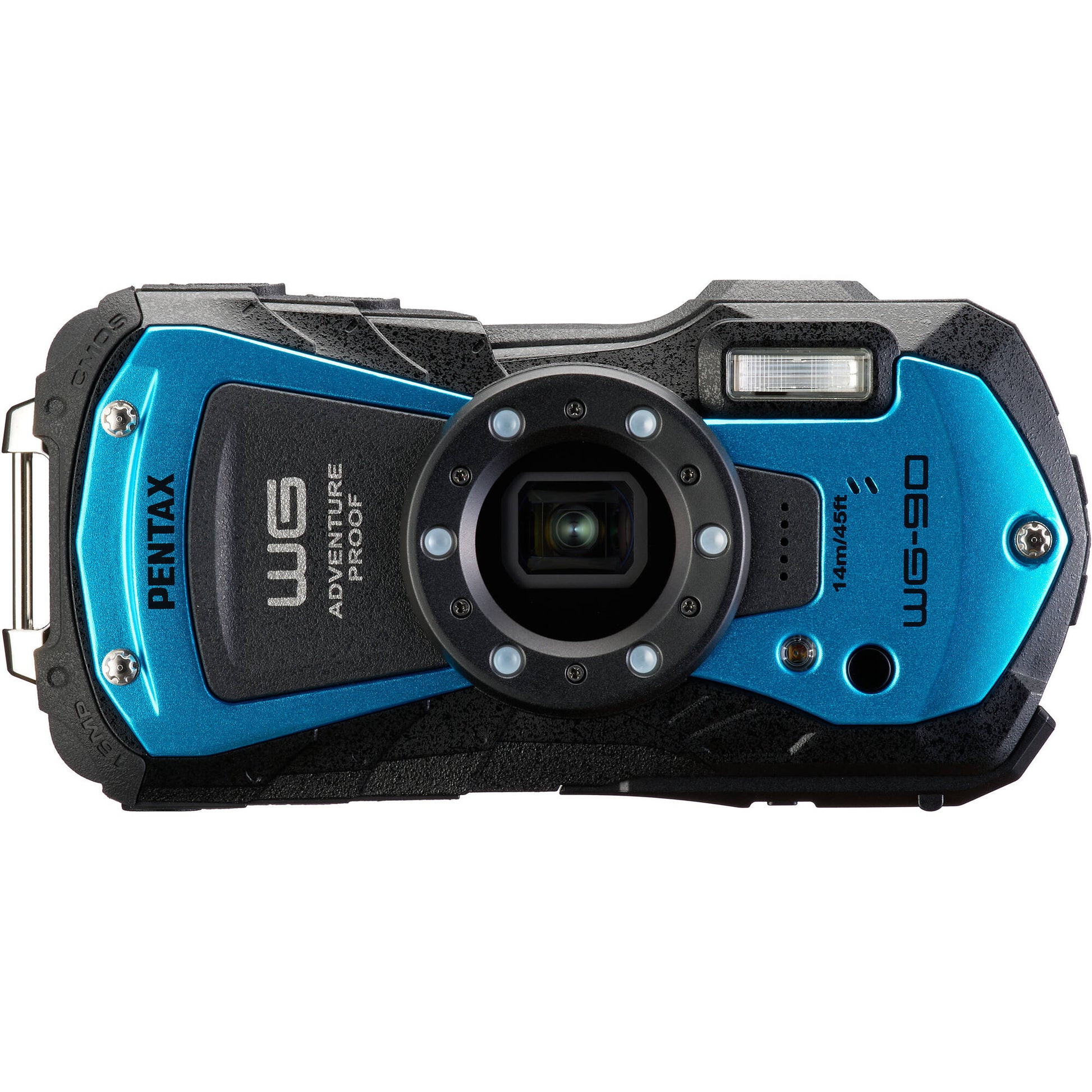 Pentax WG-90 rugged waterproof blue camera with 16MP sensor, 5x optical zoom, 1cm macro mode, and 2.7-inch AR-coated LCD.