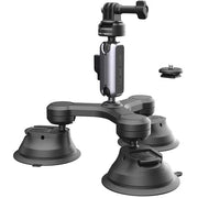 PGYTECH 3-arm suction cup mount with CapLock quick release, 360° adjustable dual ball heads, three strong suction cups, and compatibility with sports cameras and smartphones.