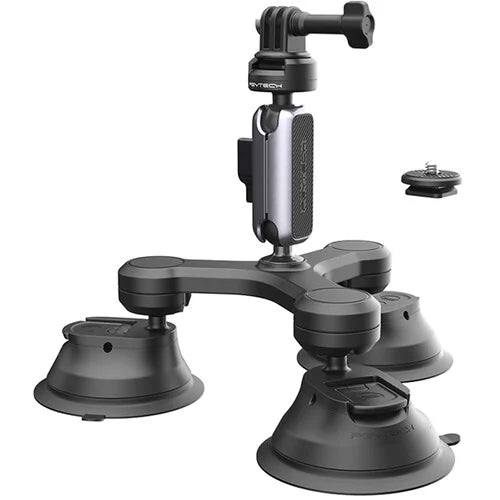 PGYTECH 3-arm suction cup mount with CapLock quick release, 360° adjustable dual ball heads, three strong suction cups, and compatibility with sports cameras and smartphones.