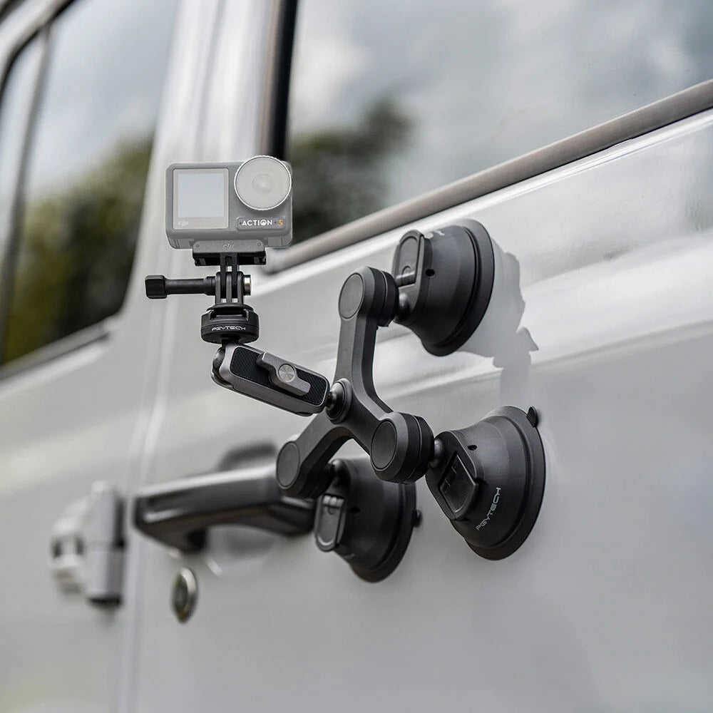 PGYTECH 3-arm suction cup mount with CapLock quick release, 360° adjustable dual ball heads, three strong suction cups, and compatibility with sports cameras and smartphones.